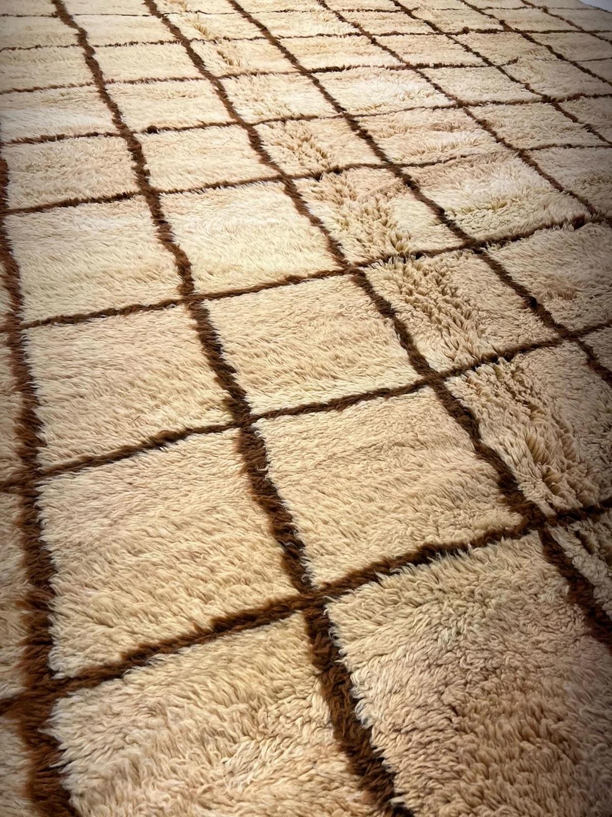 Large Neutral Modern Moroccan Tattersall Grid Wool Beni M'Rirt Handwoven Rug For Sale 2