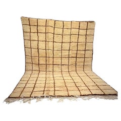 Large Neutral Modern Moroccan Tattersall Grid Wool Beni M'Rirt Handwoven Rug