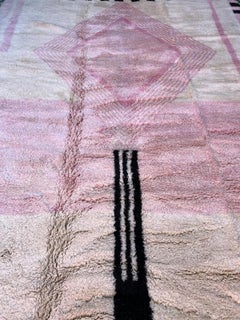 Large Neutral Modern Moroccan Wool Beni M'Rirt Rug with Abstract Pink Design