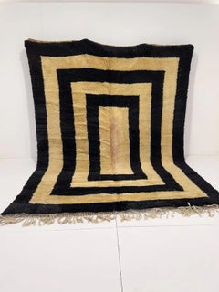 Large Neutral Modern Moroccan Wool Beni M'Rirt Rug with Black Border Line Design