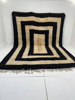 Large Neutral Modern Moroccan Wool Beni M'Rirt Rug with Black Border Line Design