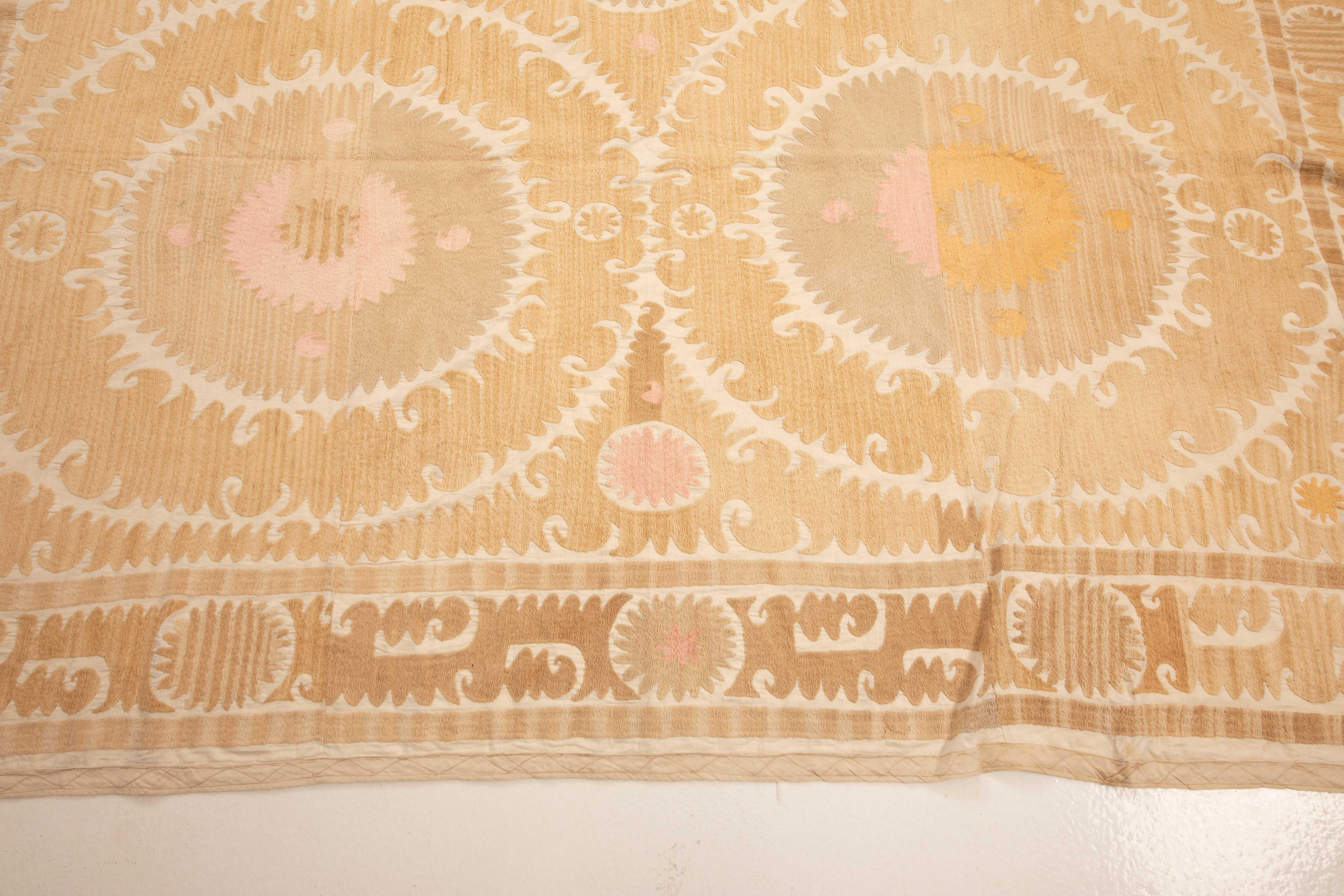 Embroidered Large Neutral Suzani from Samarkand Uzbekistan, 1960s For Sale