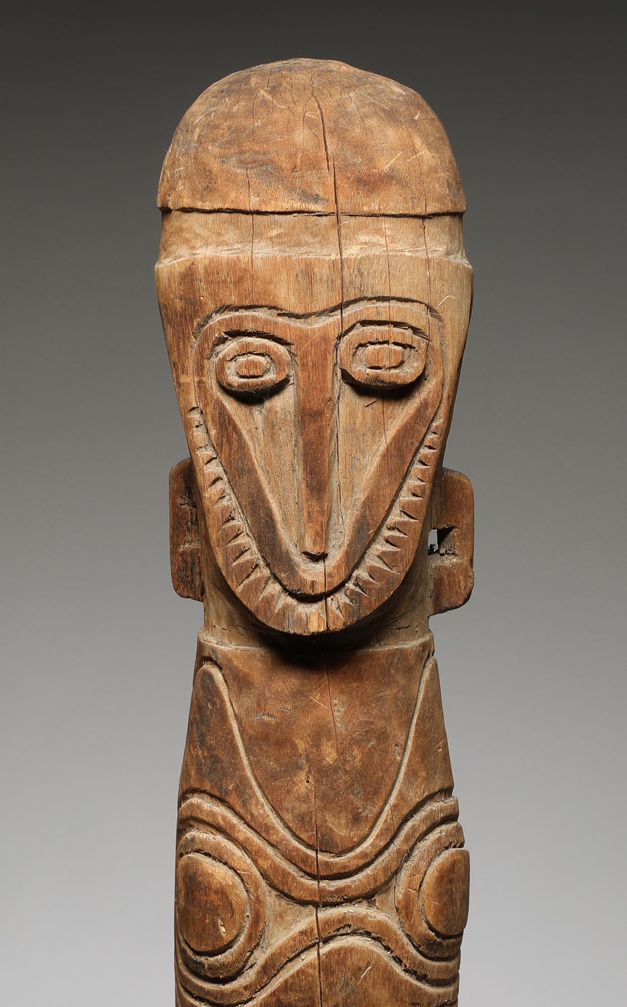 Tribal Large New Guinea Stylized Wood Figure Papuan Gulf, Geometric Face and Body
