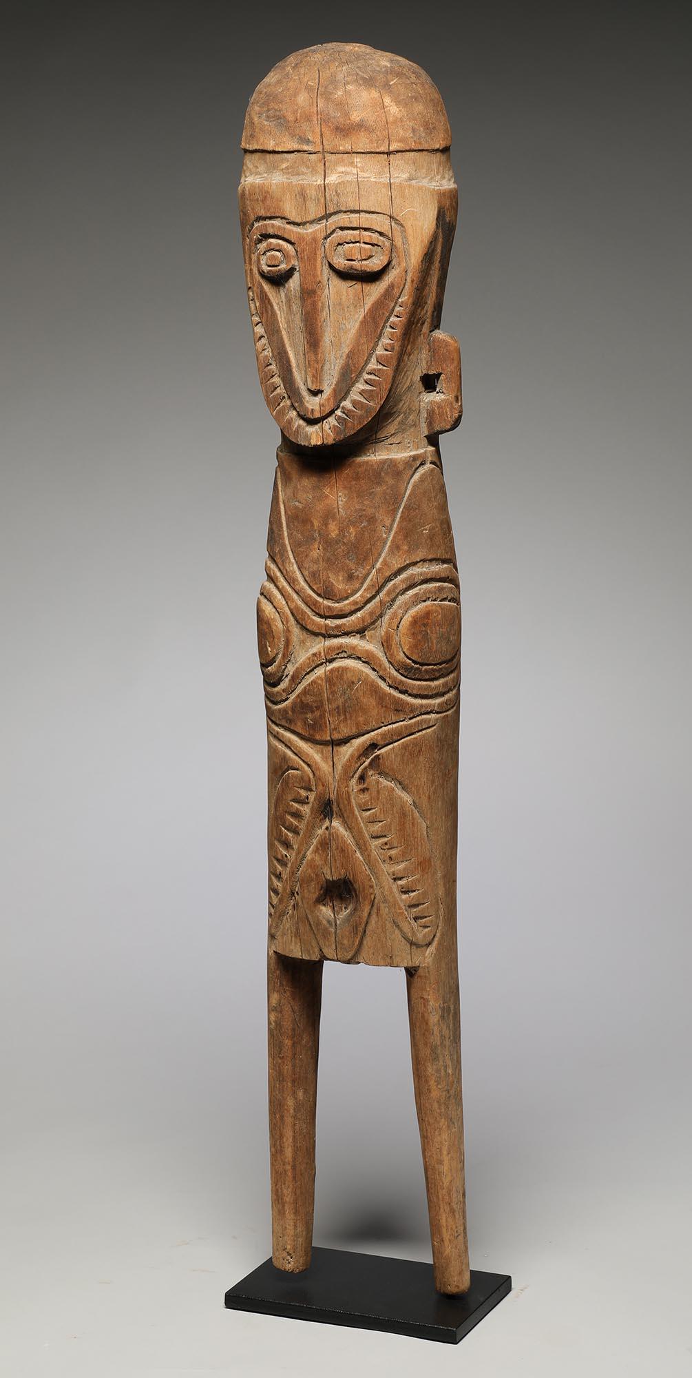 Papua New Guinean Large New Guinea Stylized Wood Figure Papuan Gulf, Geometric Face and Body