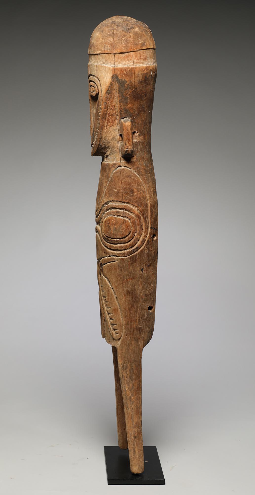 Hand-Carved Large New Guinea Stylized Wood Figure Papuan Gulf, Geometric Face and Body