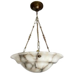 Large & Nicely Balanced Art Deco White & Black Alabaster Pendant Light / Fixture