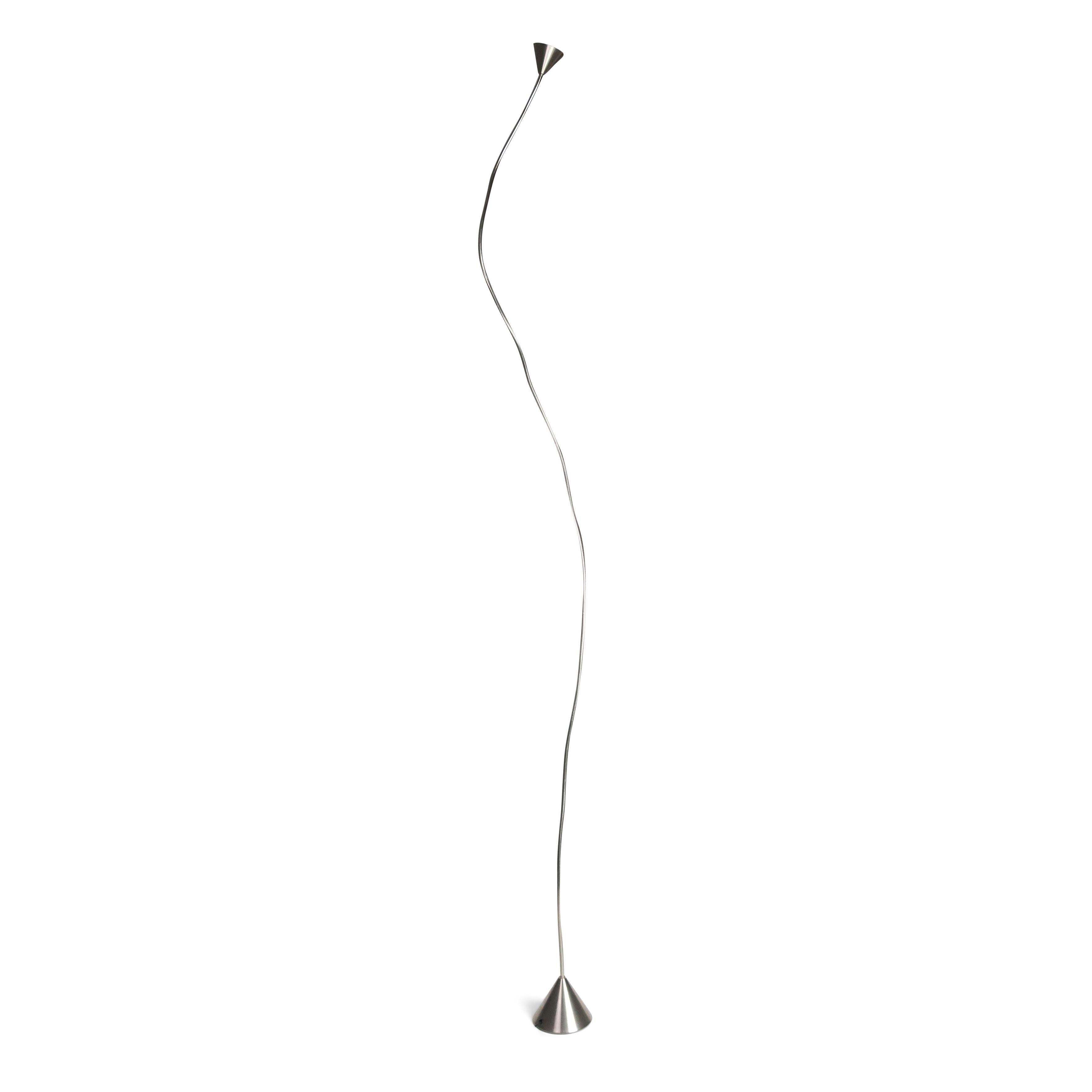 A nickel Papiro floor lamp by Sergio Calatroni for Pallucco in the large size (106” tall). An incredibly versatile lamp that can be bent and directed into a variety of shapes and configurations giving it a contemporary sculptural quality and