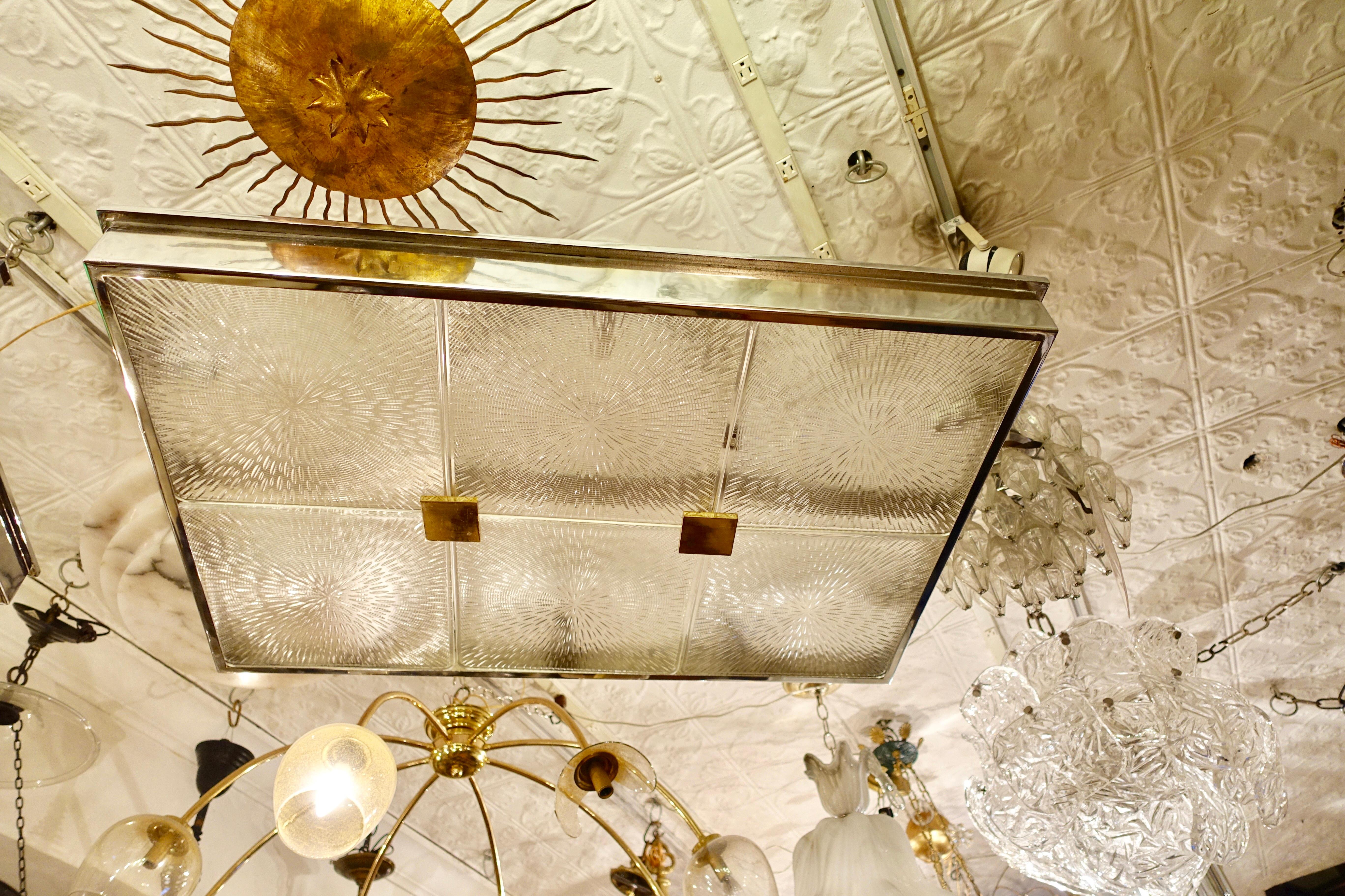 Mid-20th Century Large Nickel-Plated and Molded Glass Light Fixture For Sale