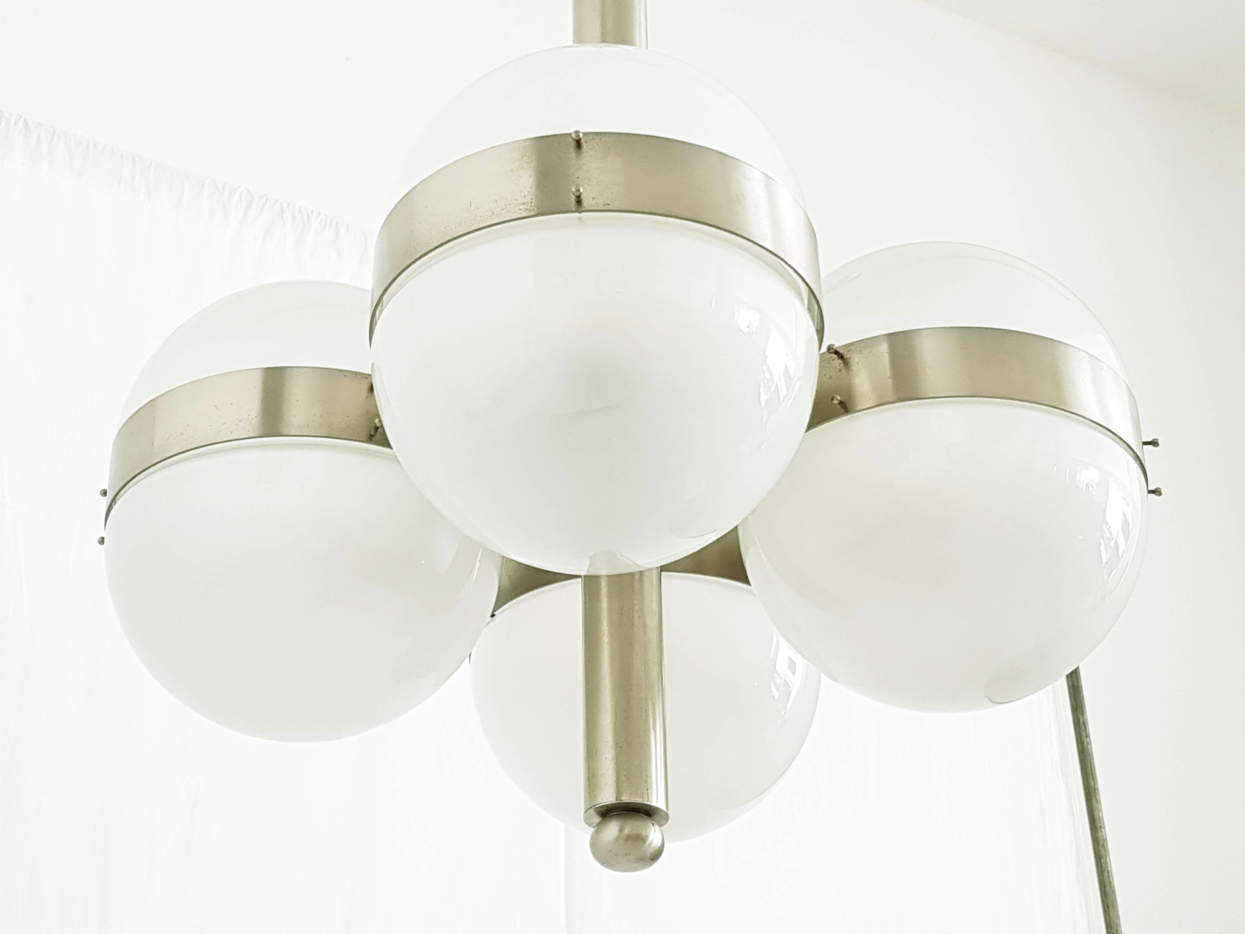 Space Age Large Nickel-Plated Brass and Glass 1963 Tetraclio Chandelier by Sergio Mazza