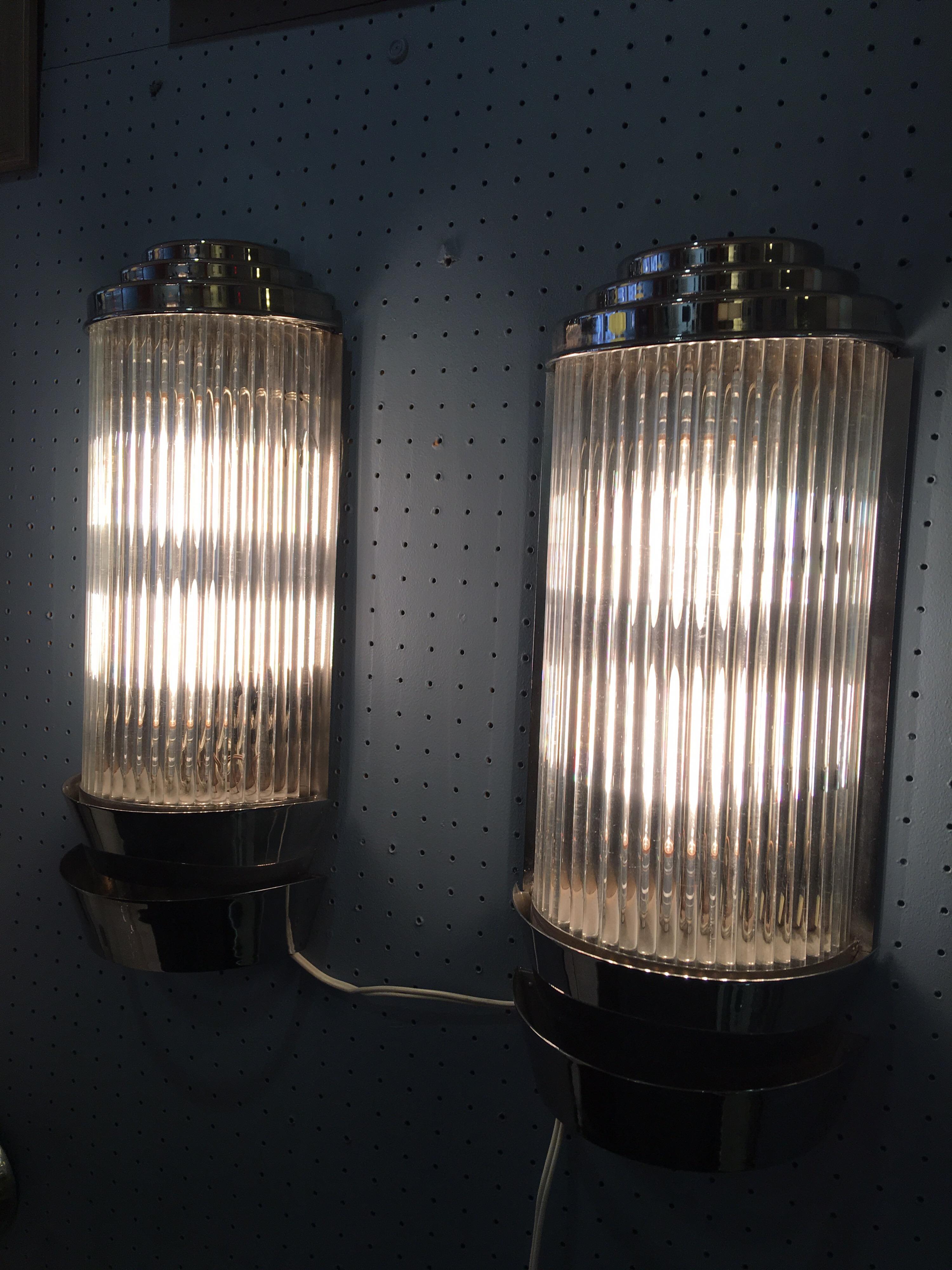 Art Deco Large Nickel-Plated Deco Sconces with Glass Rods
