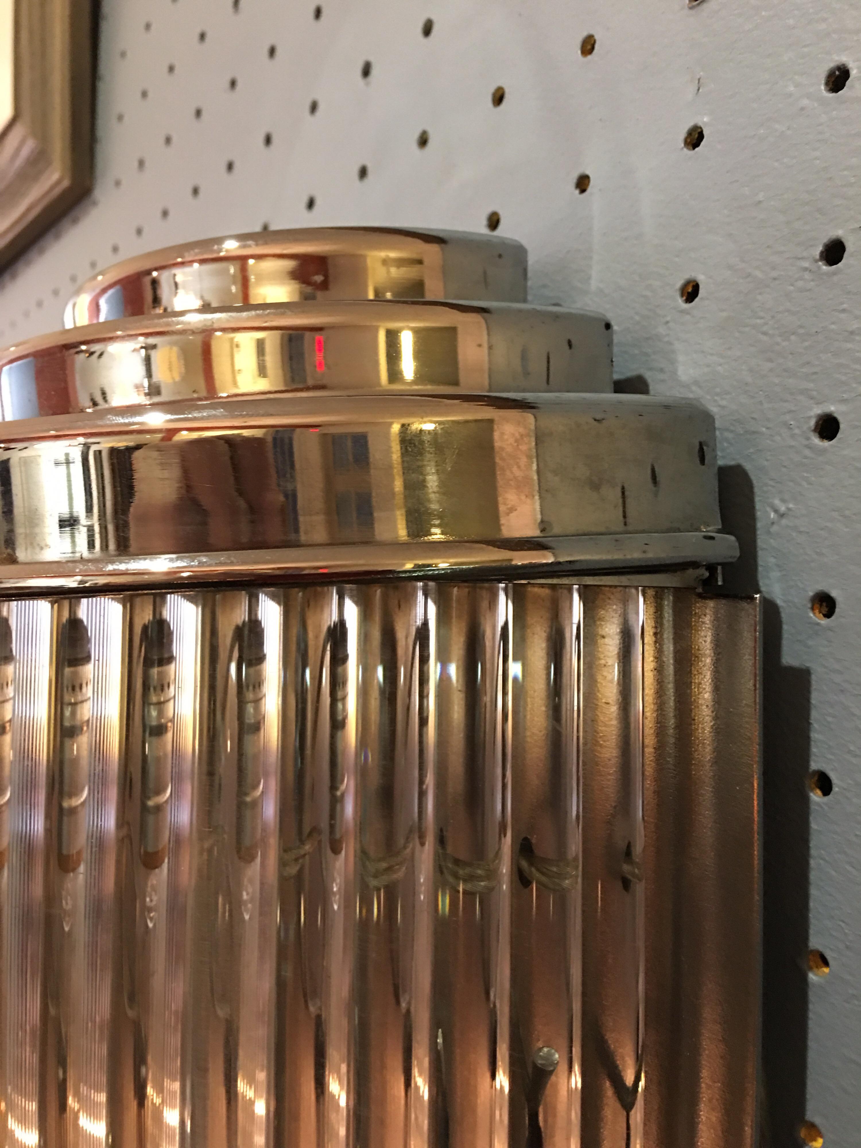Large Nickel-Plated Deco Sconces with Glass Rods In Good Condition In Philadelphia, PA