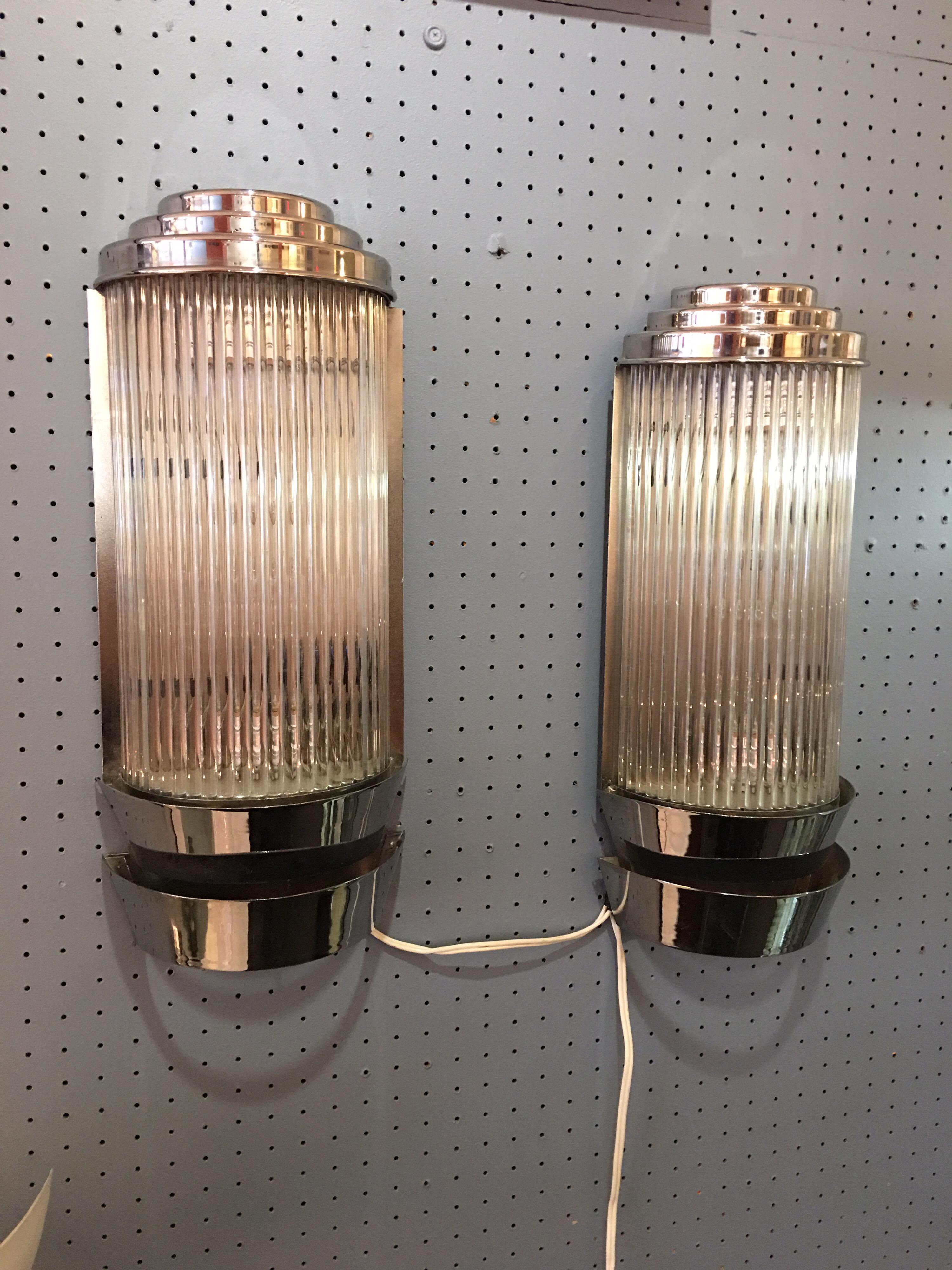 Large Nickel-Plated Deco Sconces with Glass Rods 2
