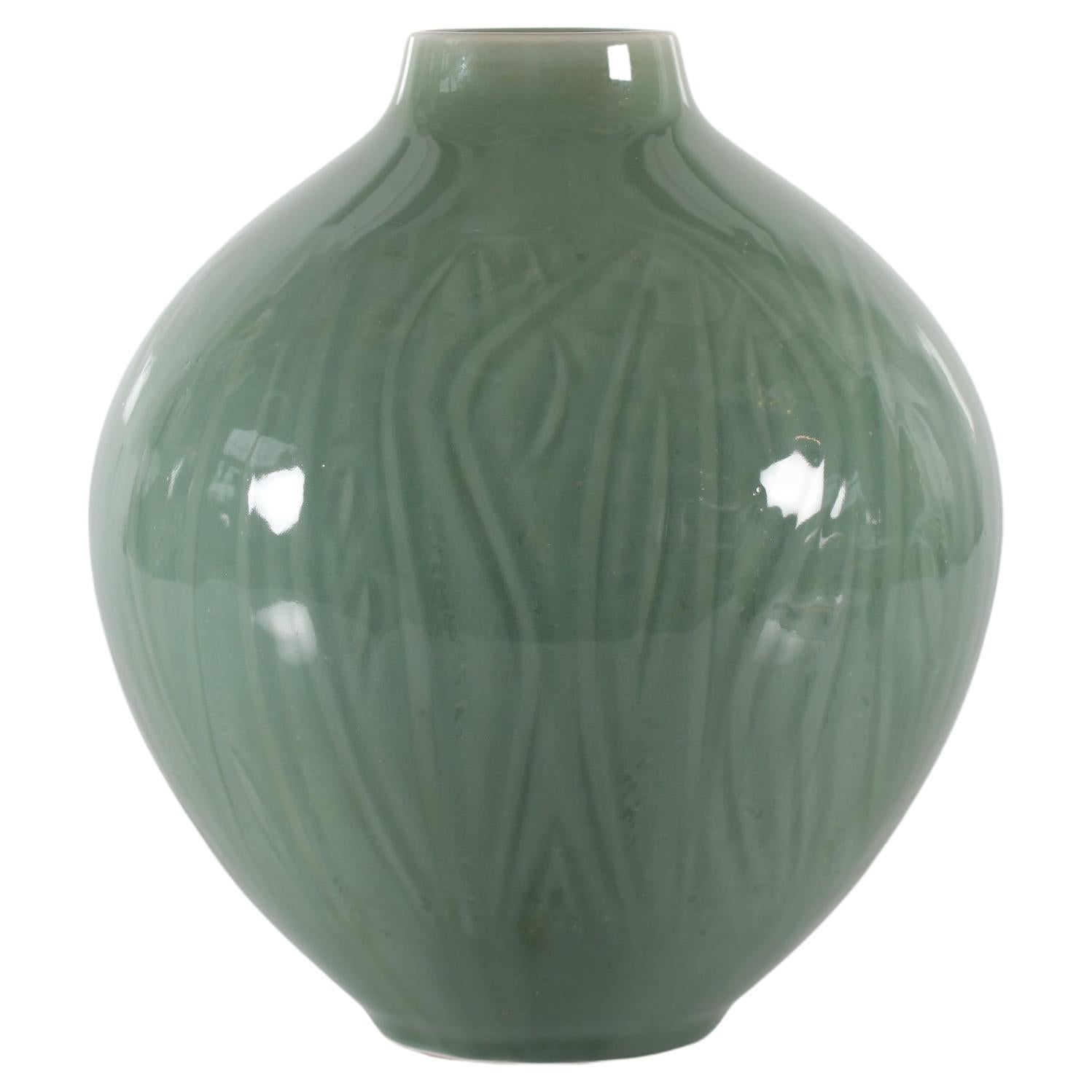 Large Nils Thorsson Unique  Fine Art Vase for Royal Copenhagen Dusty Green 1950s For Sale