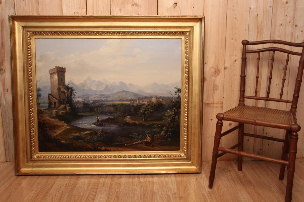 French school of the 19th century, framed in a large gilded frame with gold leaf in very good condition, fresh color, has an undeniable decorative power dimensions with the frame: 116 cm by 99 cm dimensions of the canvas: 92 cm by 74 cm Origin: