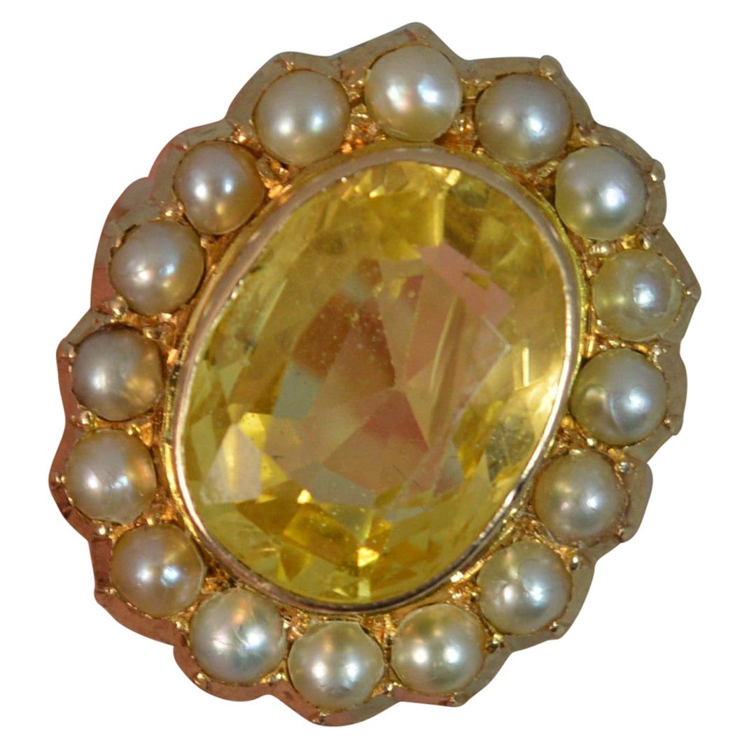 Large No Heat Ceylon Yellow Sapphire Pearl 9 Carat Gold Ring