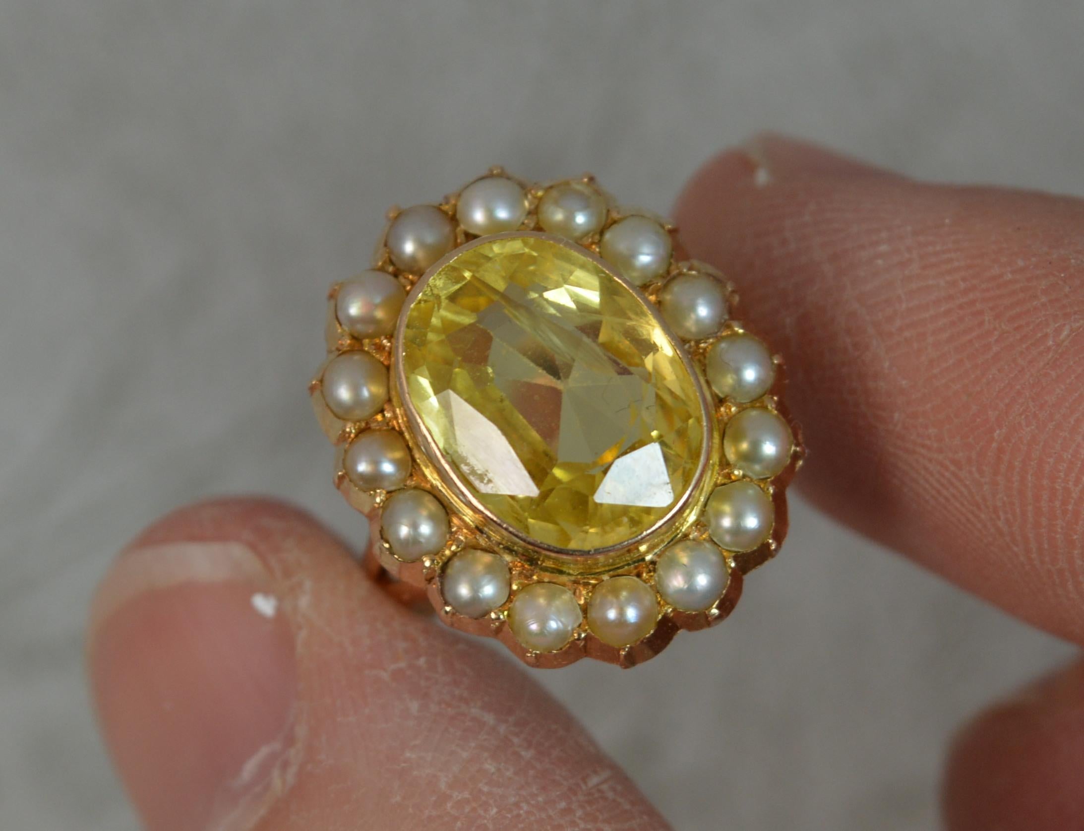 Large No Heat Ceylon Yellow Sapphire Pearl 9 Carat Gold Ring In Good Condition In St Helens, GB