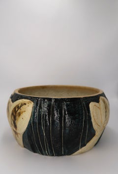 Large Noomi Backhausen Danish Modern Cream, Black Ceramic Bowl by Soholm, 1980s