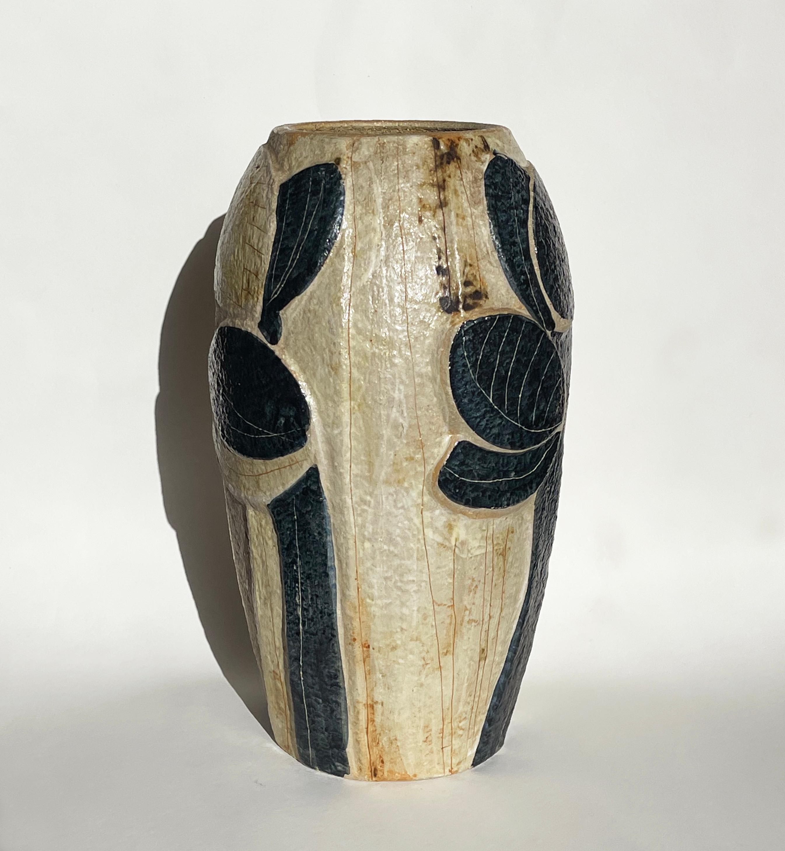 Hand-Crafted Large Noomi Backhausen for Soholm Pottery Stoneware Green and Cream Vase, 1980s