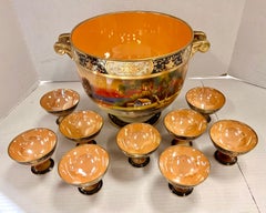 Grand bol à punchs Noritake peint à la main avec neuf tasses assorties