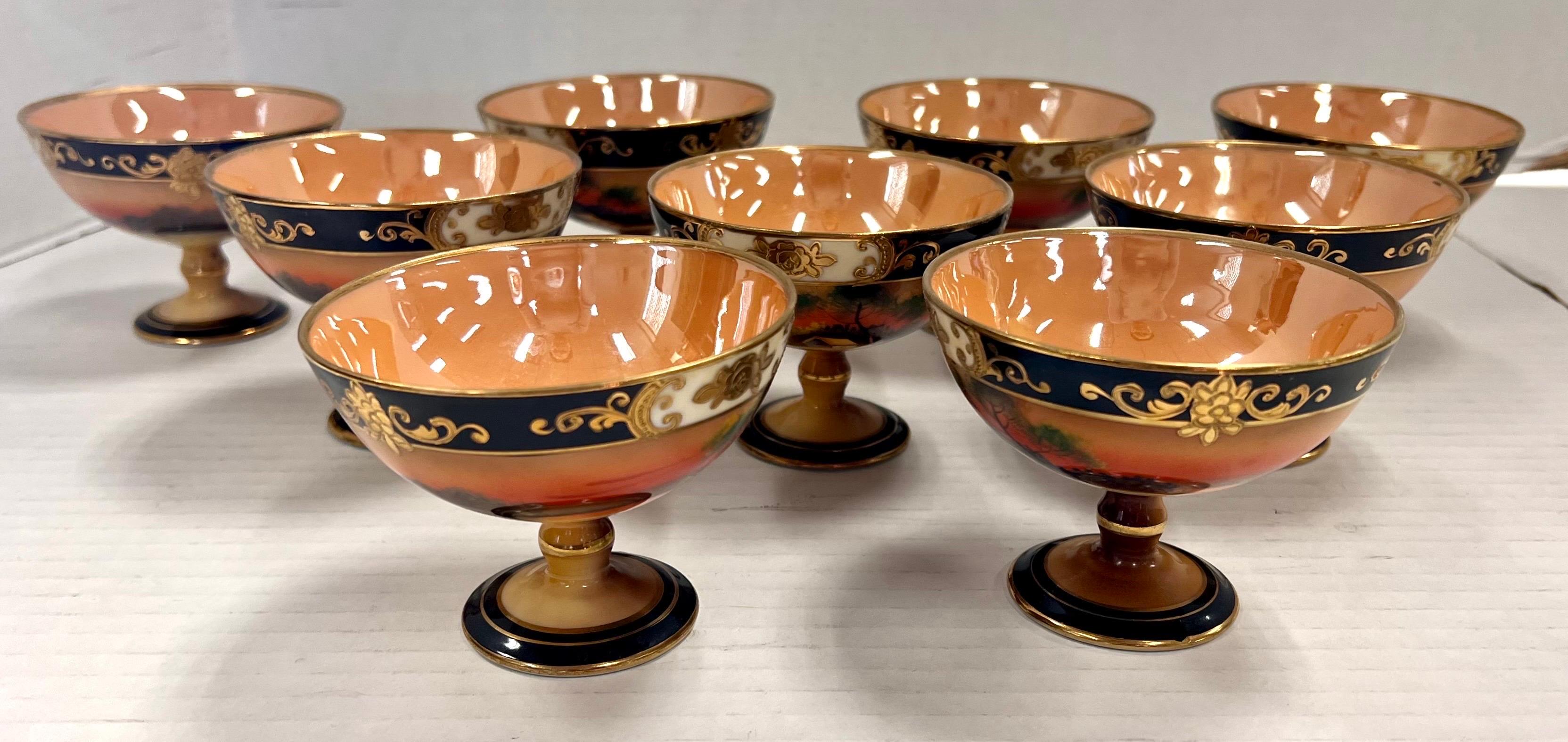 Großes handbemaltes Noritake-Lüsterware-Schalen-Set mit neun passenden Tassen (Chinoiserie)
