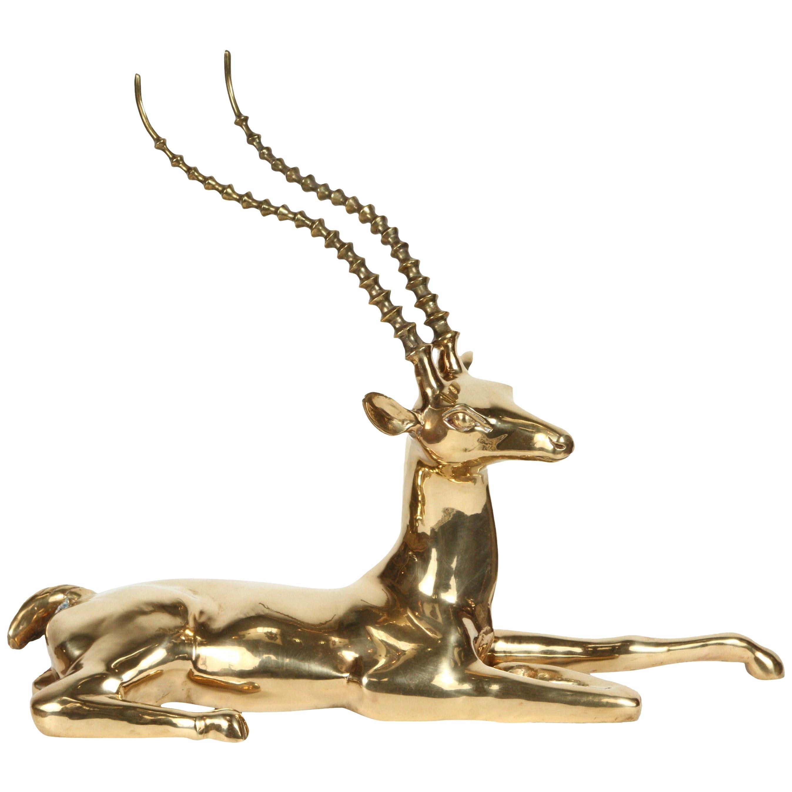 Hollywood Regency Brass Resting Antelope Stag Large Sculpture