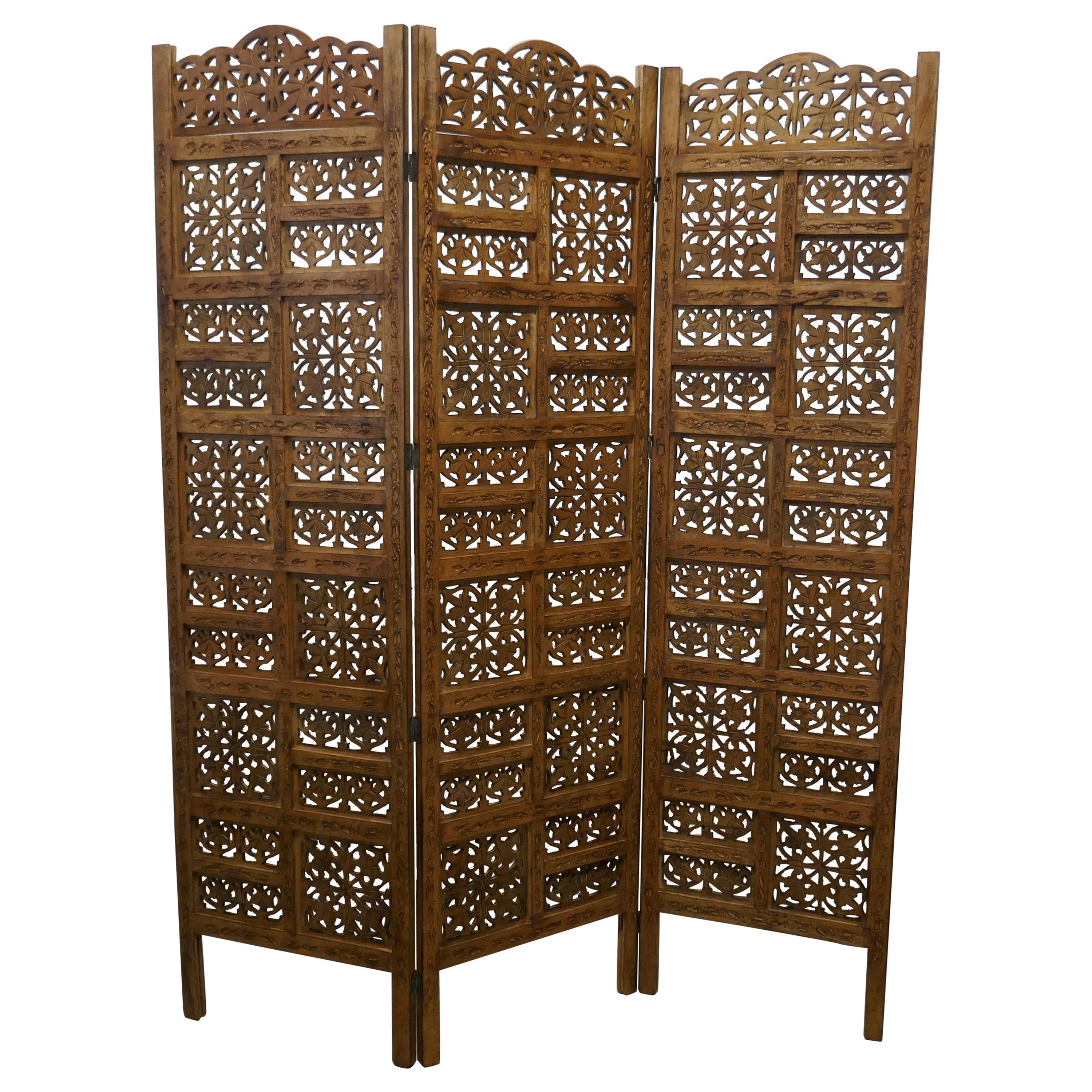 Large North African Carved Pierced 3 Fold Screen