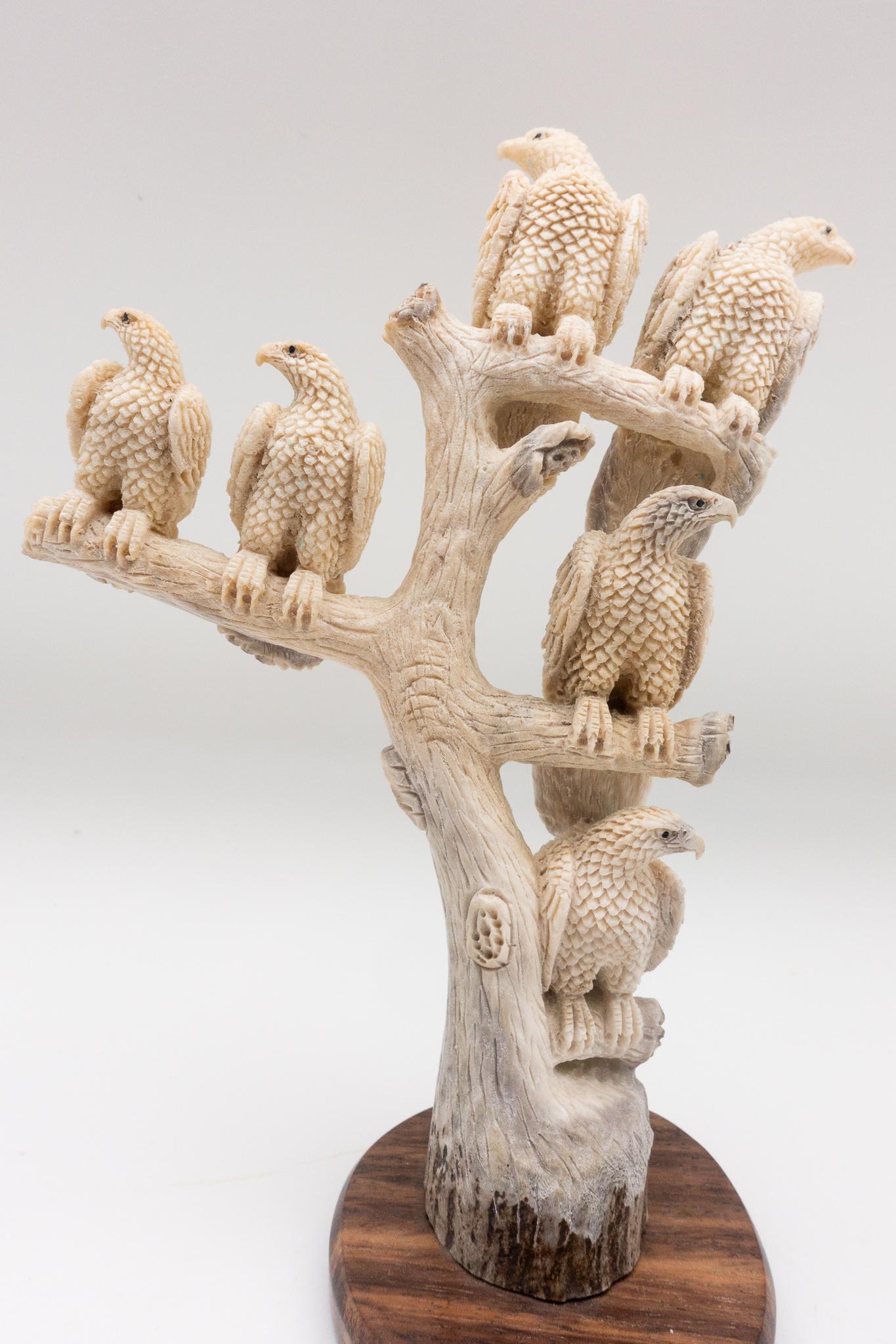 Large North American Moose Antler Carving of Perched Eagles Mounted on Wood Base 3