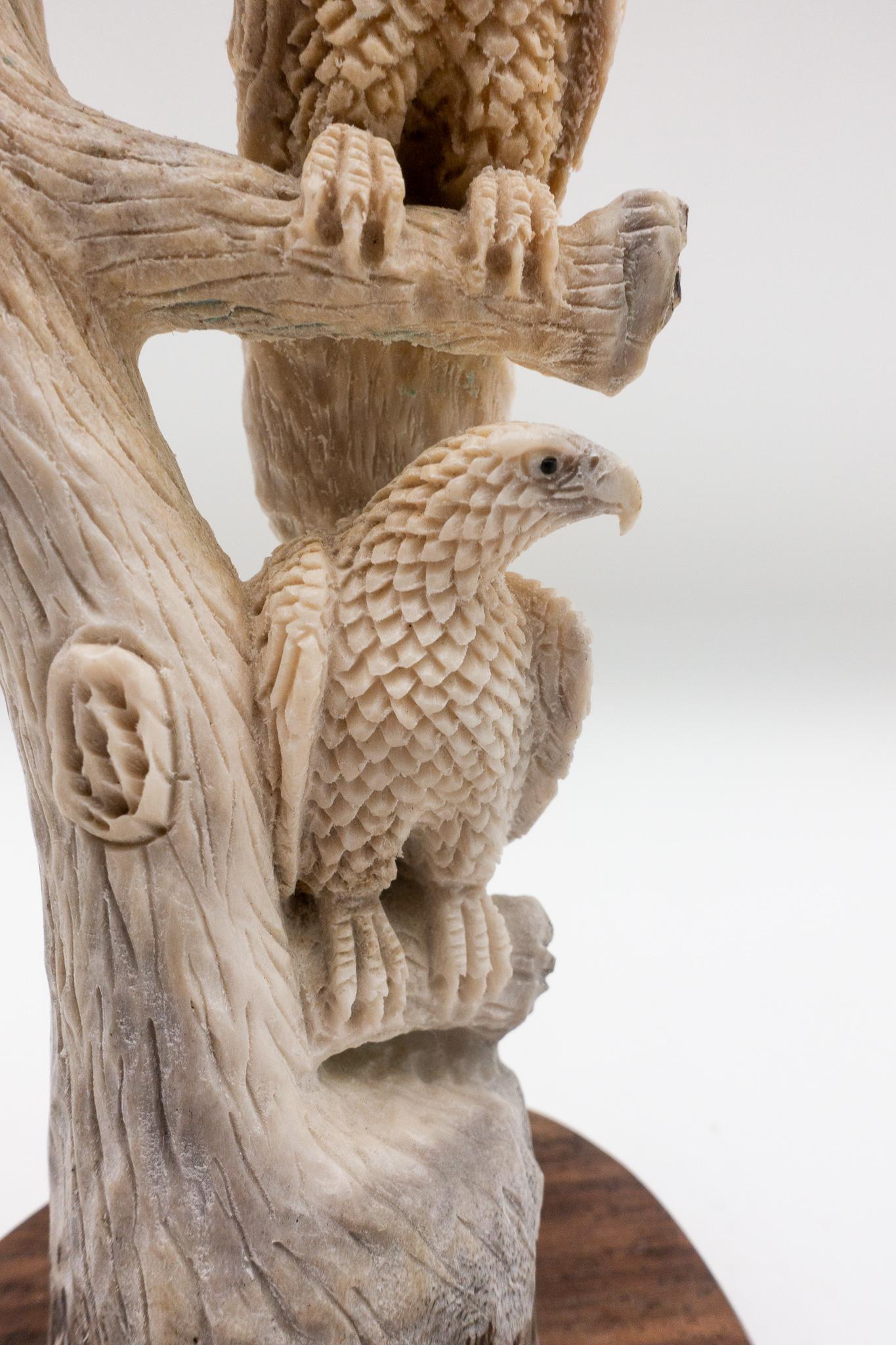 Large North American Moose Antler Carving of Perched Eagles Mounted on Wood Base In New Condition In New York, NY