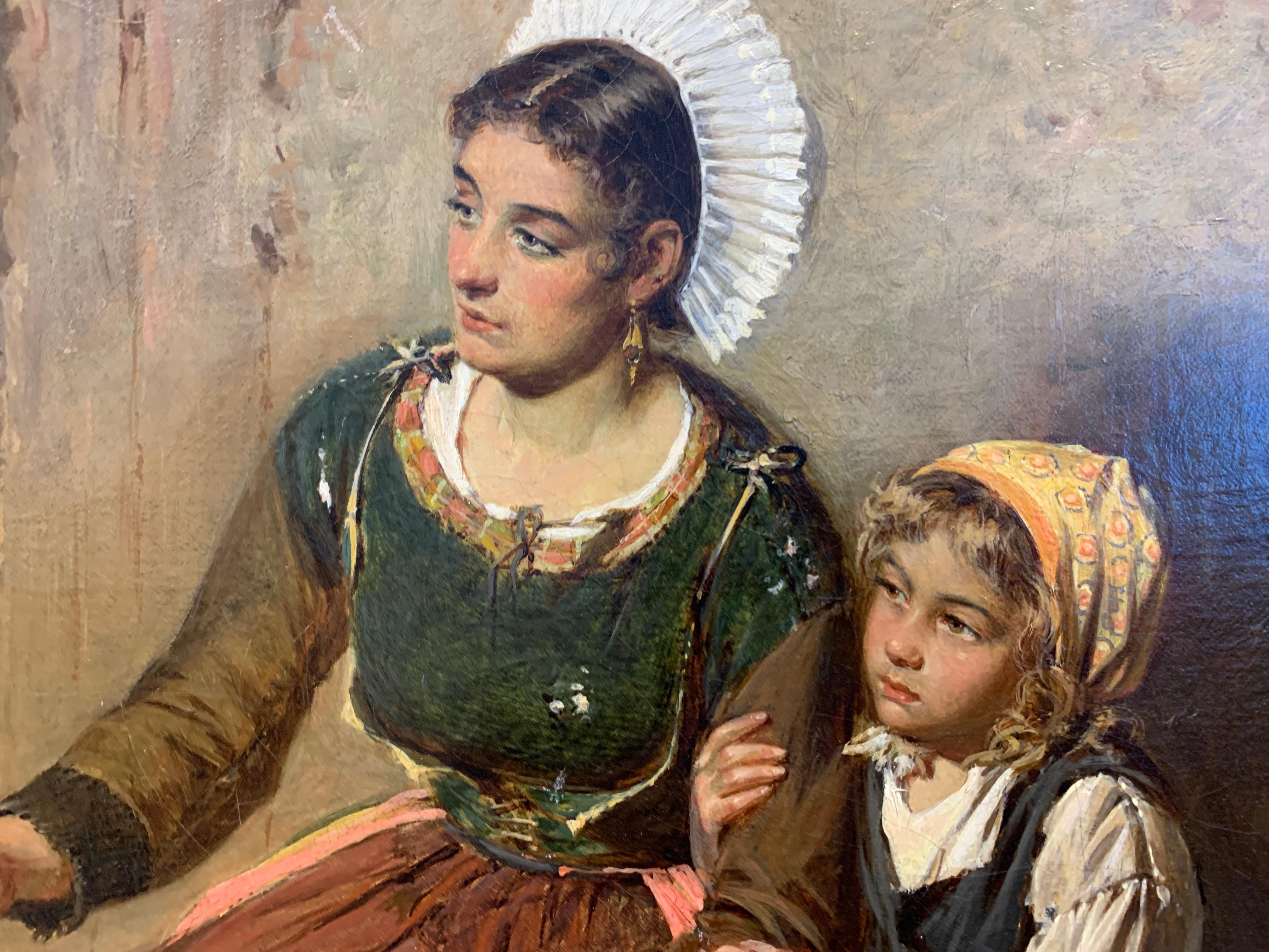 Large Northern European Portrait of a Peasant Women and Her Children For Sale 2