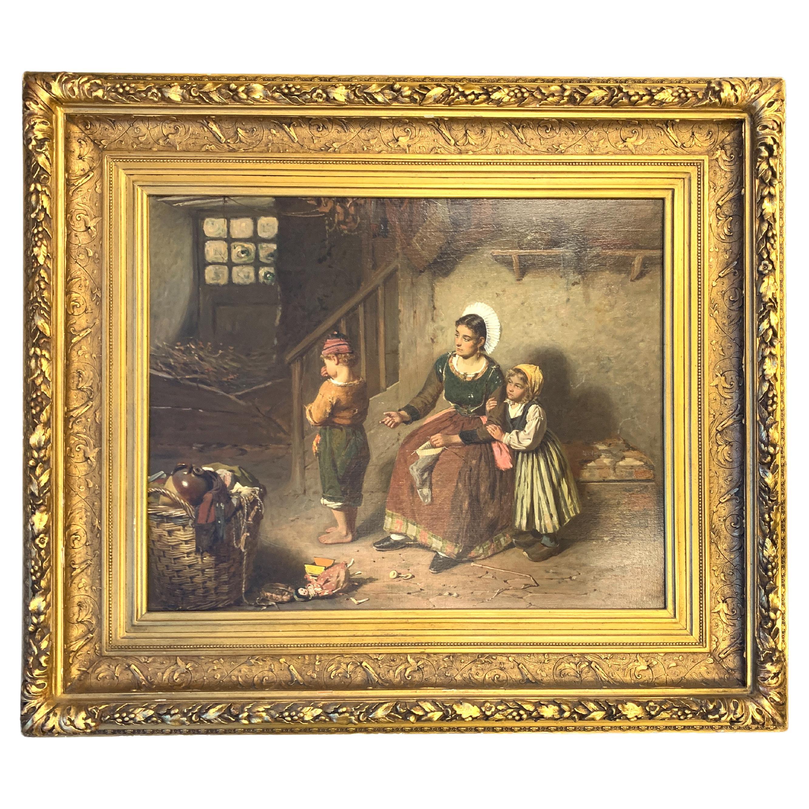 Large Northern European Portrait of a Peasant Women and Her Children For Sale