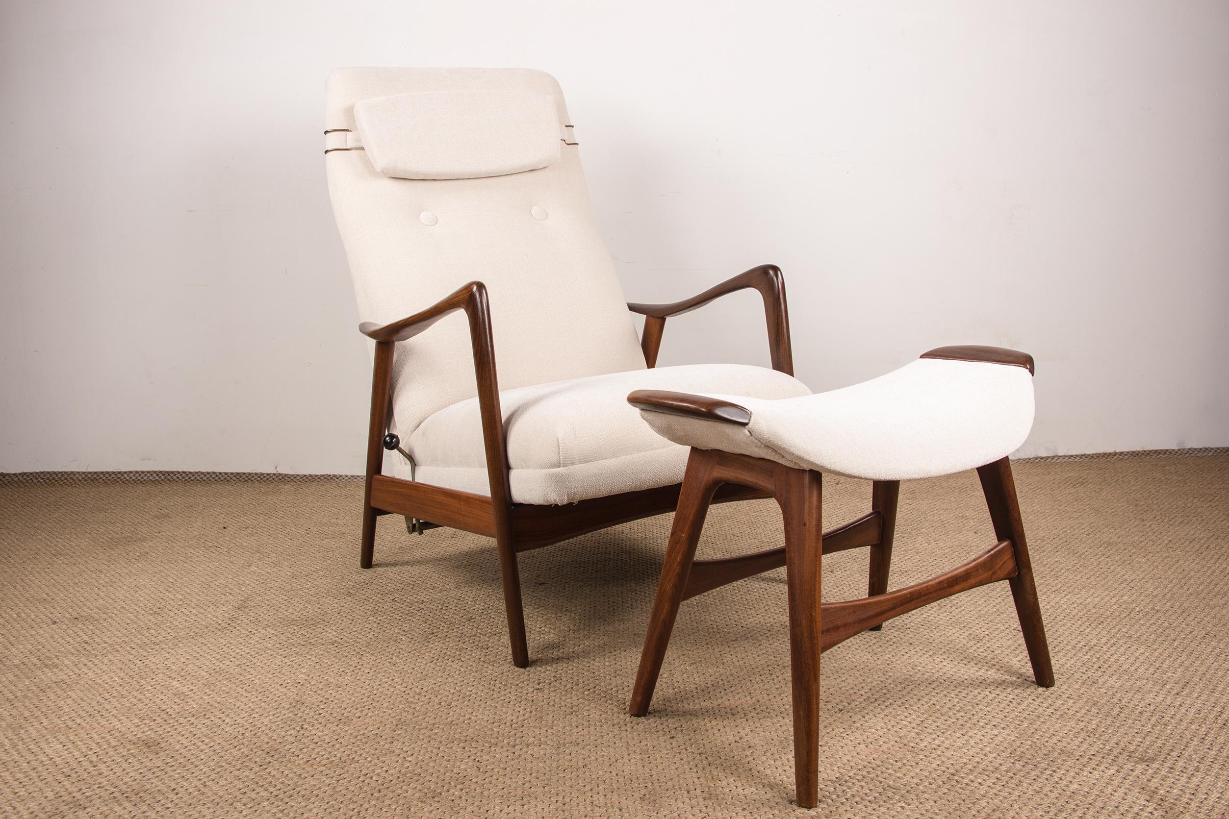 Fabric Large Norwegian Teak Armchair with Ottoman by Folke Ohlsson for Westnofa 1960. For Sale