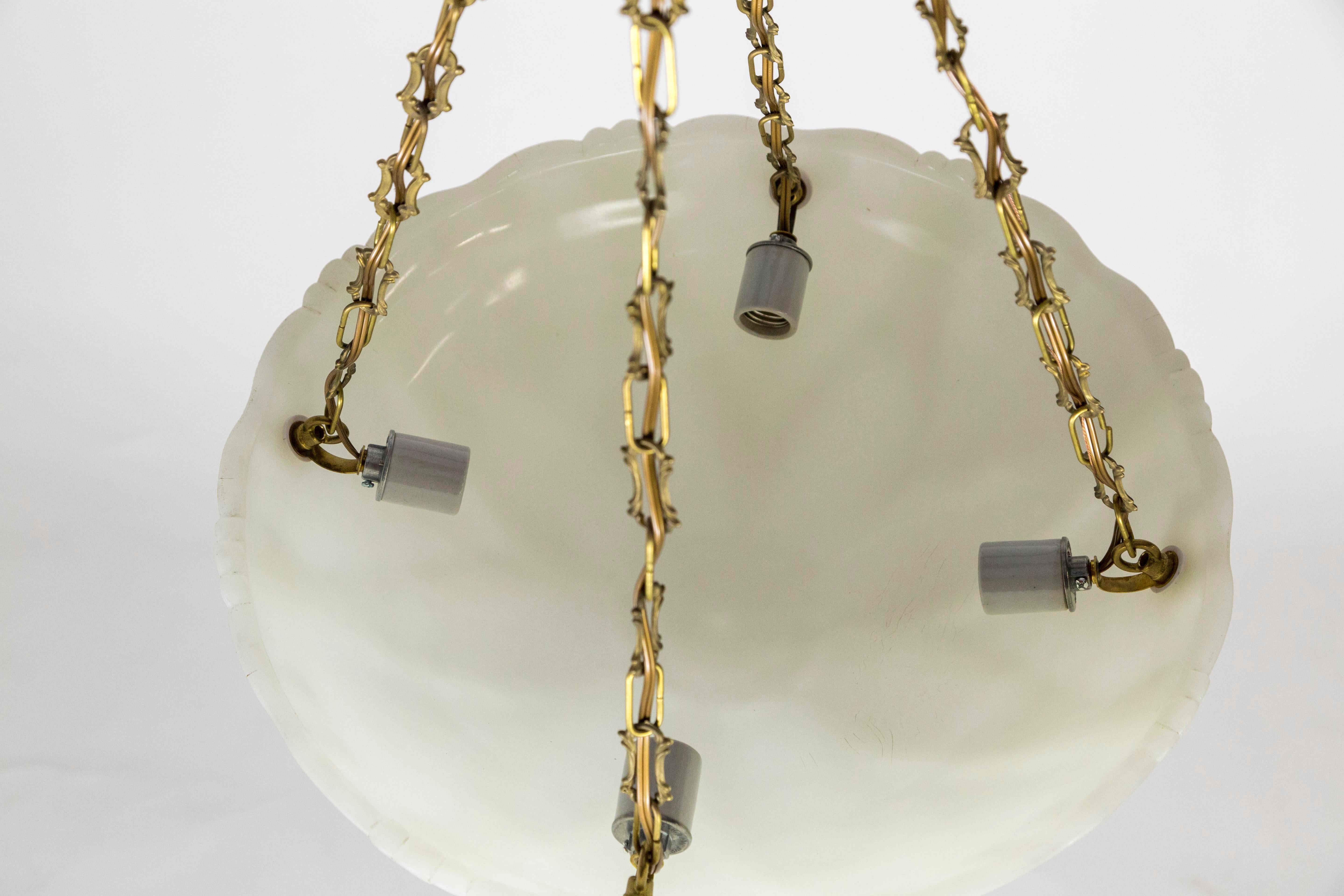 Large Nouveau Molded Milk Glass Pendant with Decorative Brass Chain 6