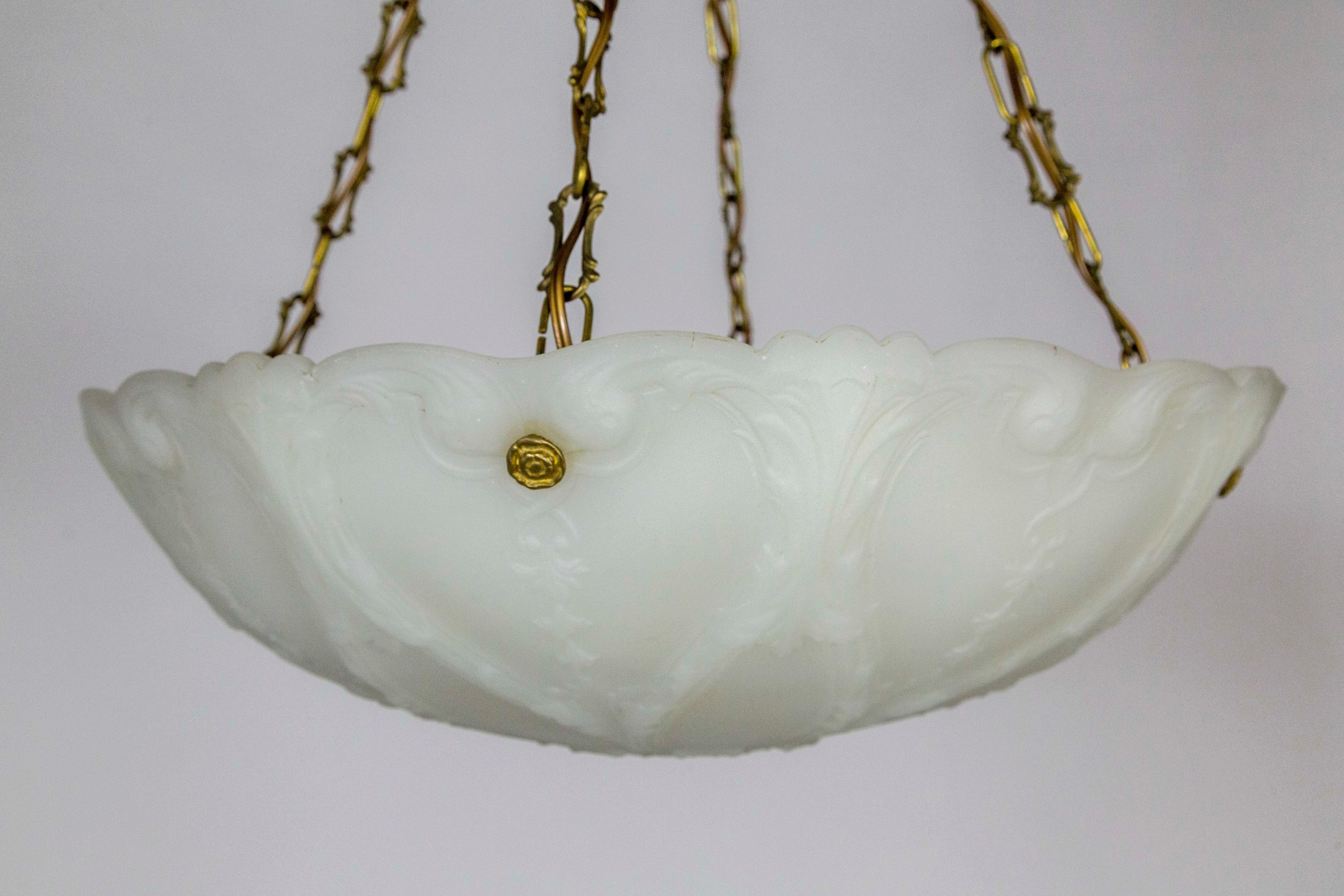 Large Nouveau Molded Milk Glass Pendant with Decorative Brass Chain In Good Condition In San Francisco, CA