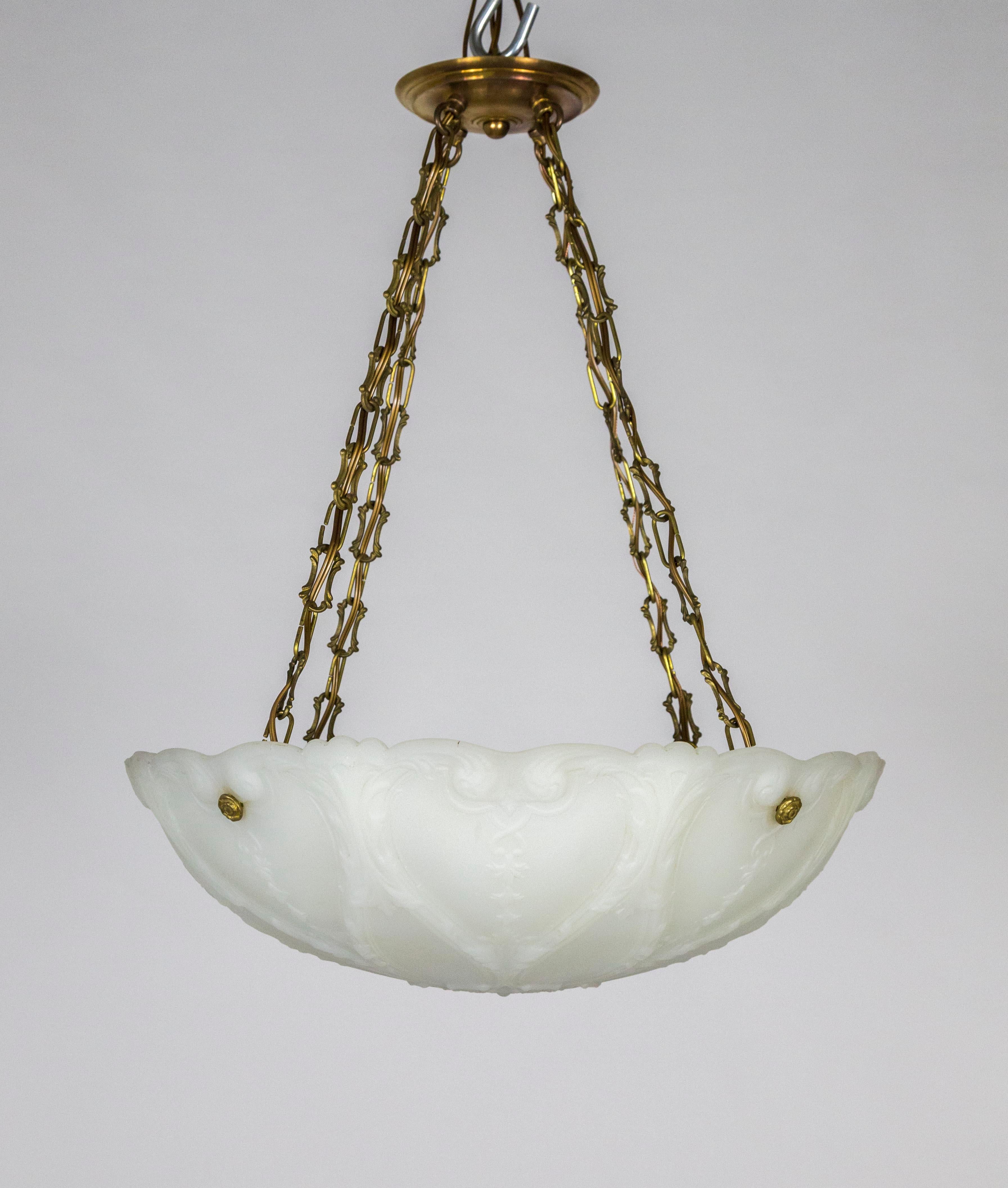 Early 20th Century Large Nouveau Molded Milk Glass Pendant with Decorative Brass Chain