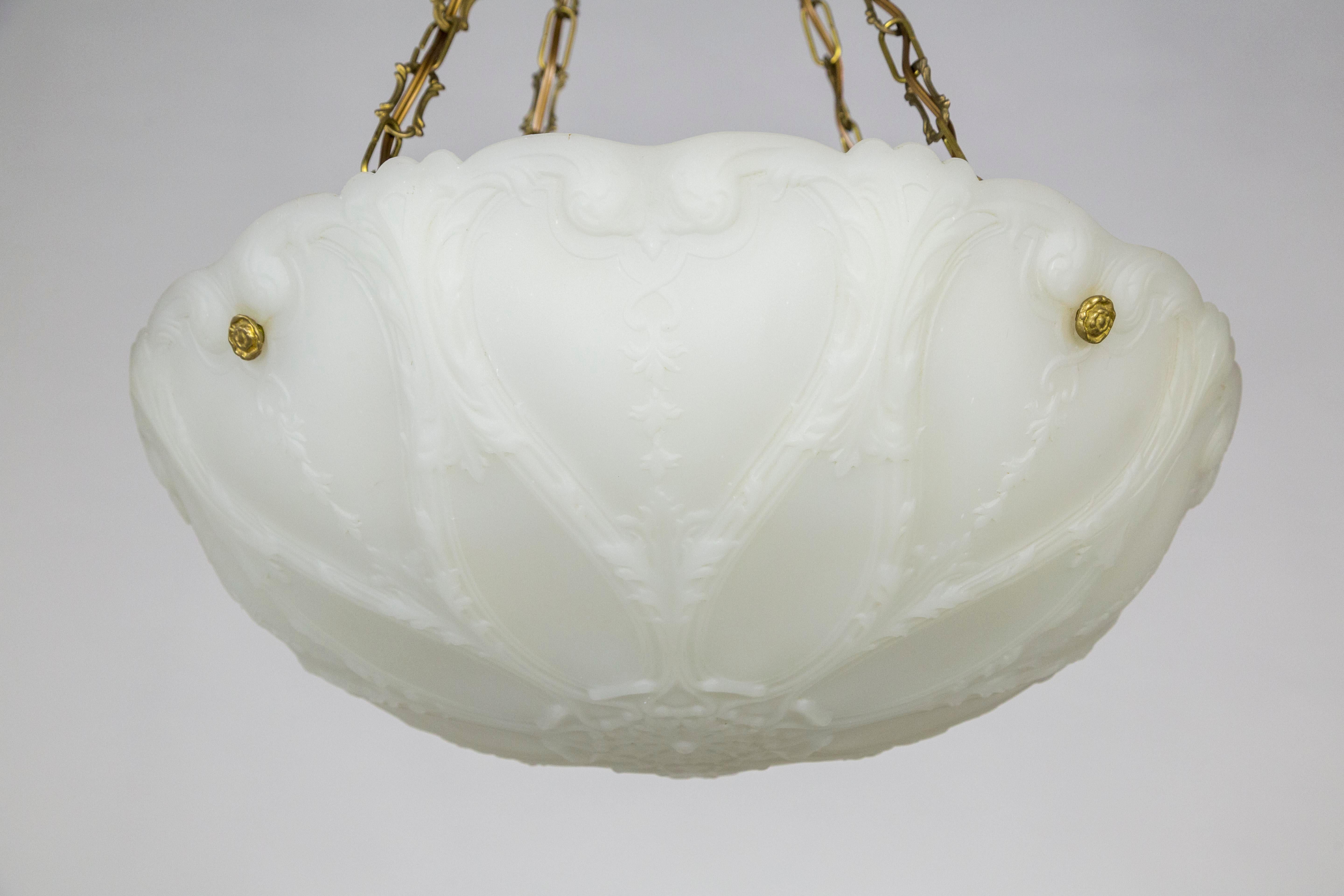 Large Nouveau Molded Milk Glass Pendant with Decorative Brass Chain 1