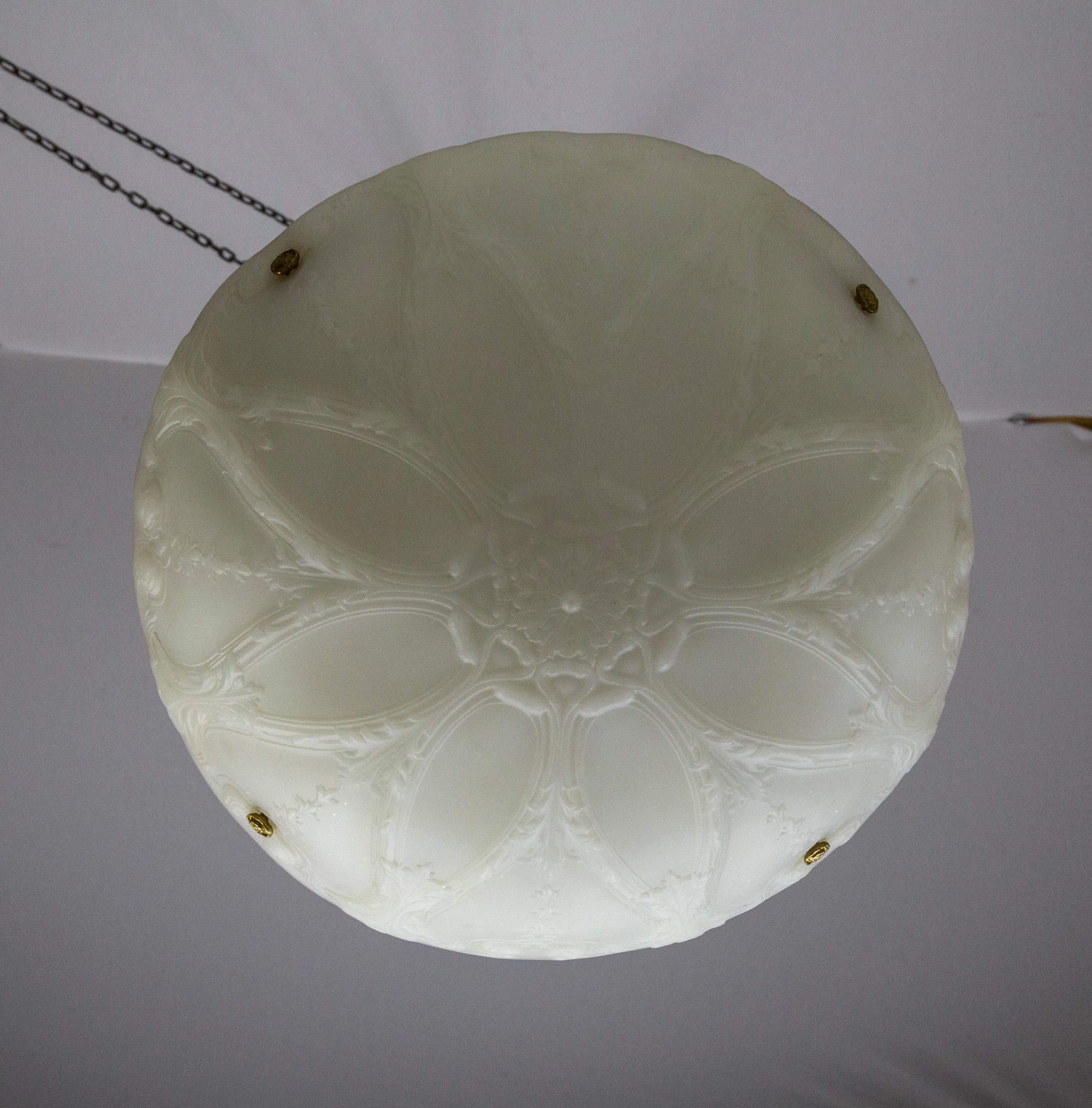 Large Nouveau Molded Milk Glass Pendant with Decorative Brass Chain 3