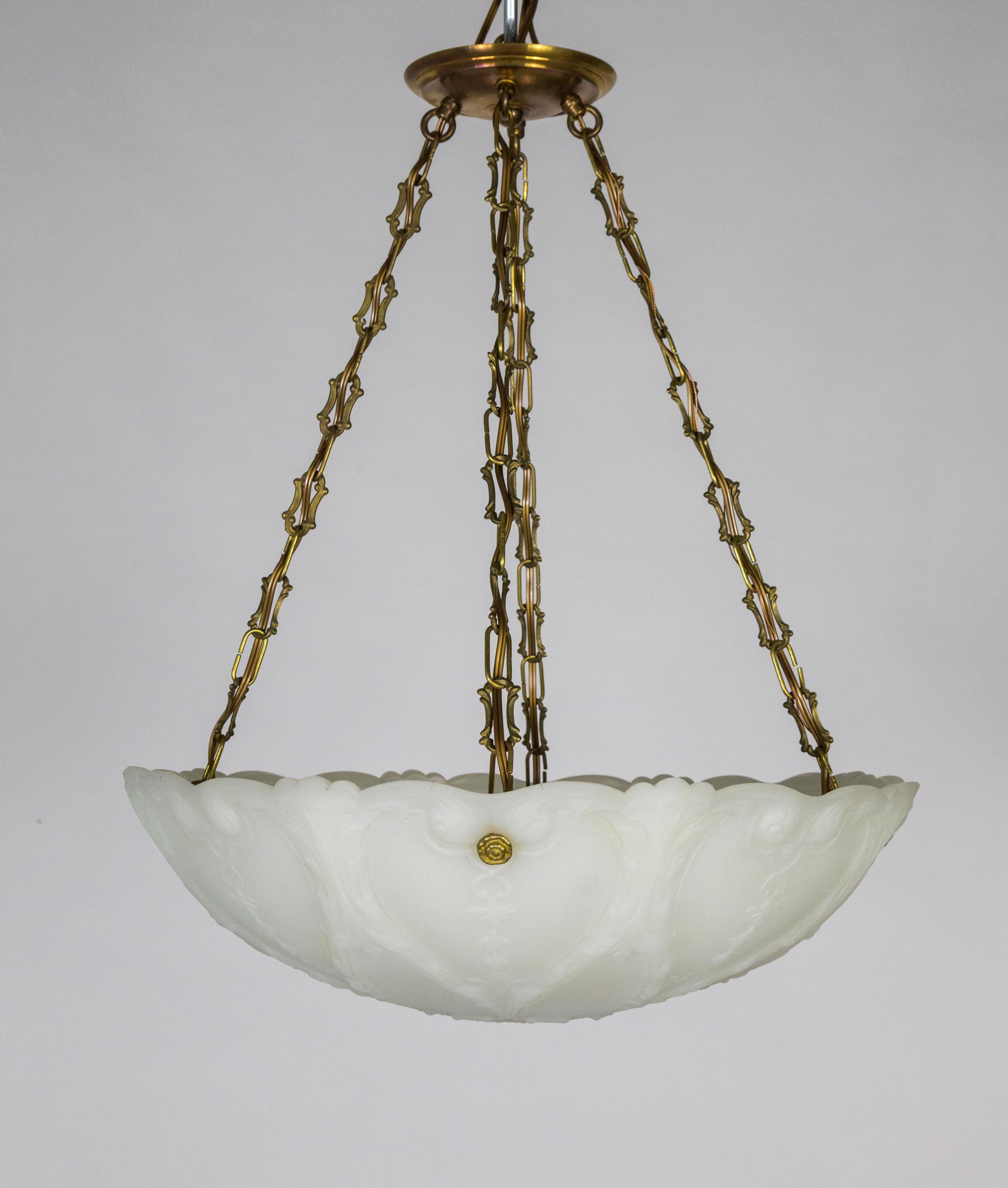 Large Nouveau Molded Milk Glass Pendant with Decorative Brass Chain 5