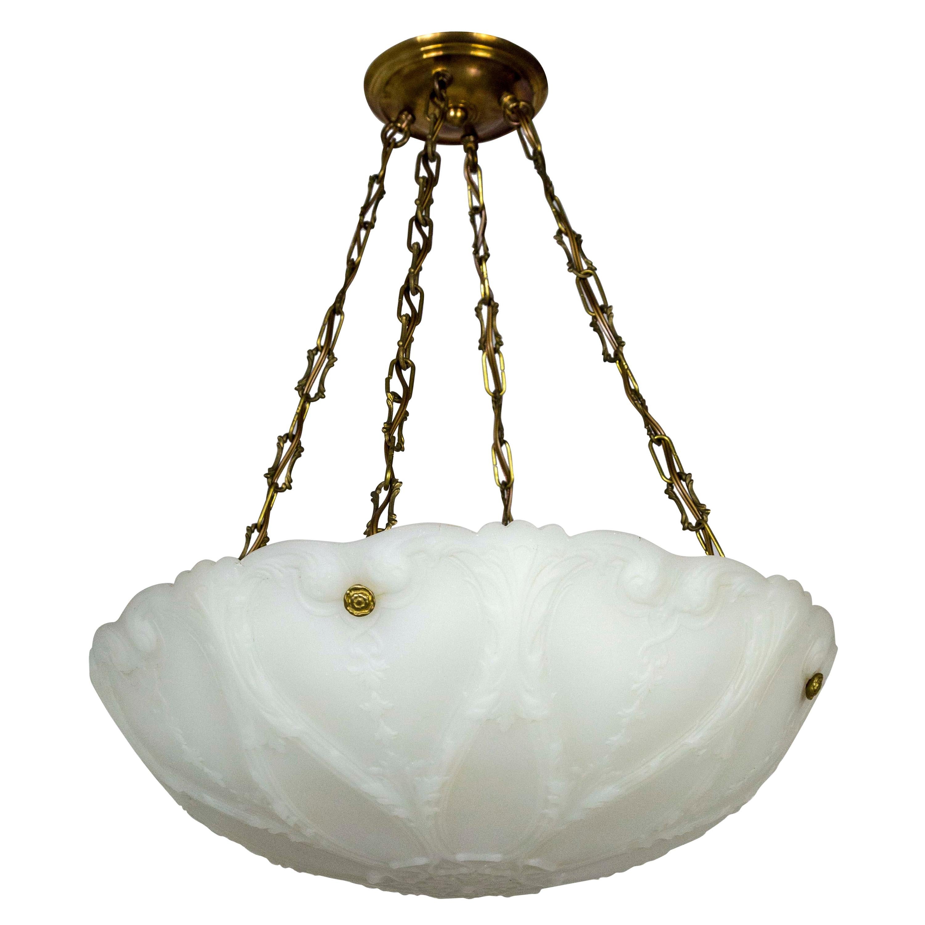 Large Nouveau Molded Milk Glass Pendant with Decorative Brass Chain