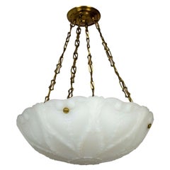 Antique Large Nouveau Molded Milk Glass Pendant with Decorative Brass Chain
