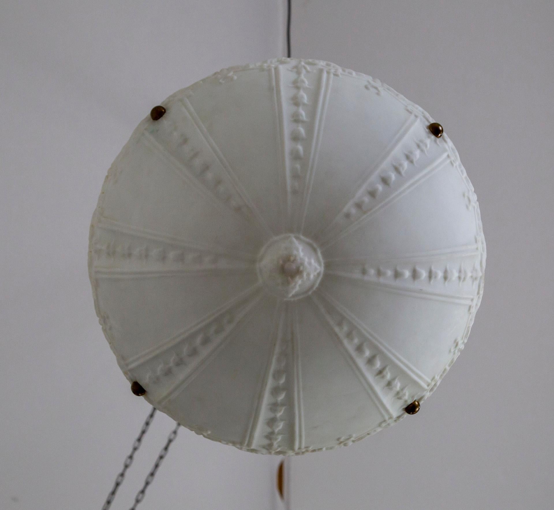 Large Nouveau Pressed Glass Bowl Pendant Lights, Pair In Good Condition For Sale In San Francisco, CA