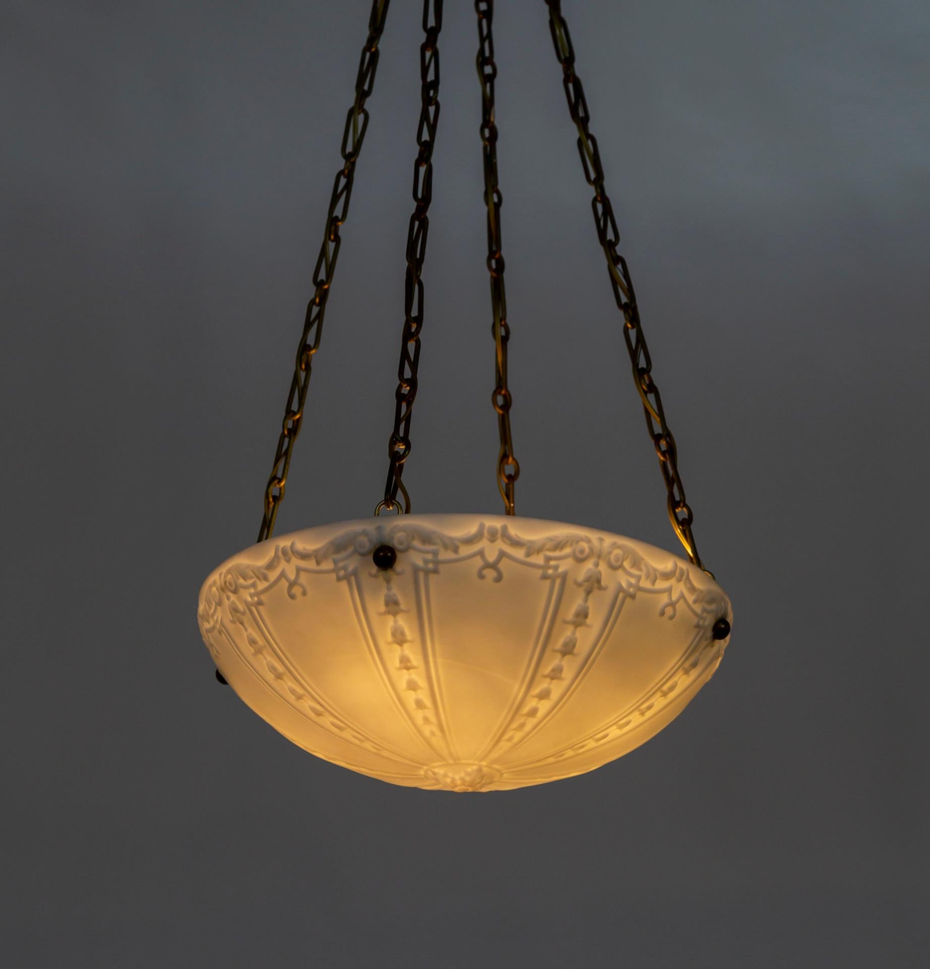 Brass Large Nouveau Pressed Glass Bowl Pendant Lights, Pair For Sale