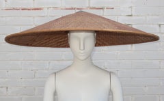 Large Novelty Wicker Straw Pagoda Beach Hat, 1950's