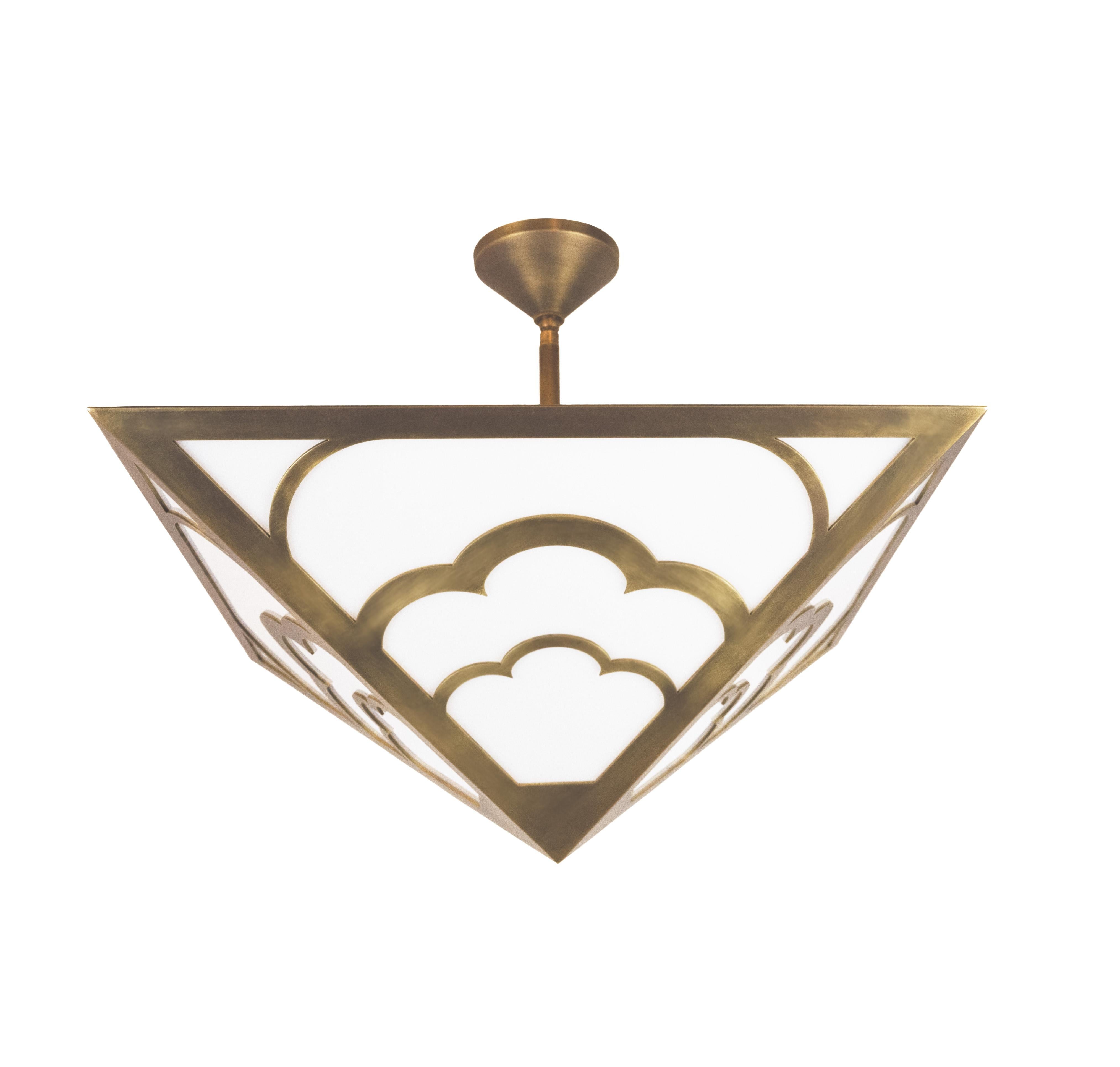 An inverted pyramid-shaped Art Deco style ceiling light, the square based frame with scalloped arches securing opal plexi diffusers. Lacquered brass frame. Can be made in custom sizes and finishes