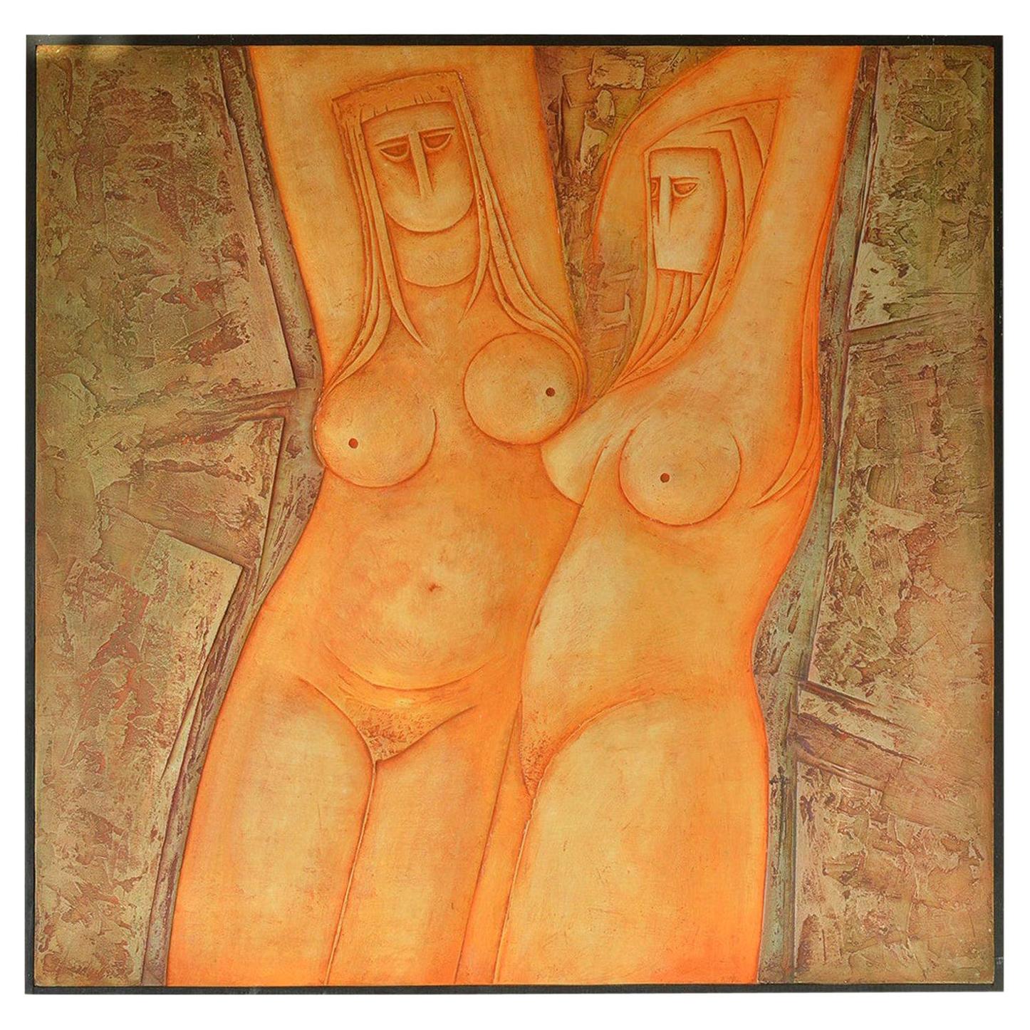 Large Nude Painted Bas-Relief by Eric Satchwell, 1973 For Sale