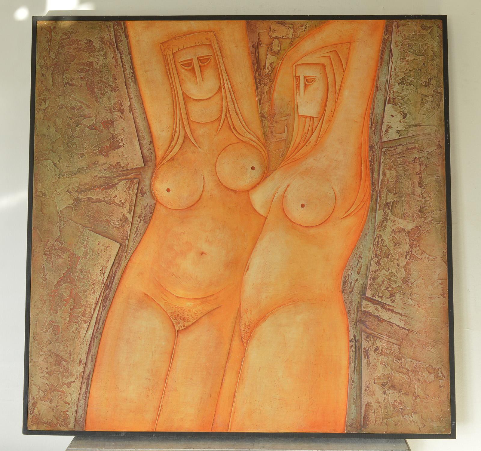 Art déco Grand bas-relief nu peint en bas-relief par Eric Satchwell, 1973 en vente