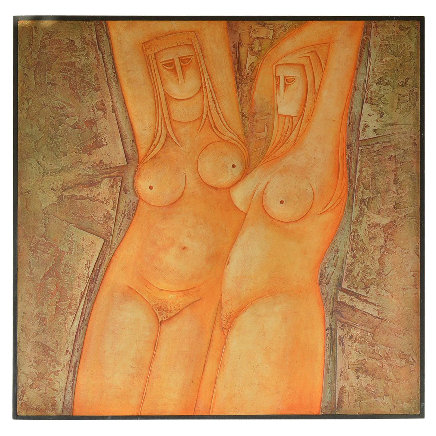 Large Nude Painted Bas-Relief by Eric Satchwell, 1973