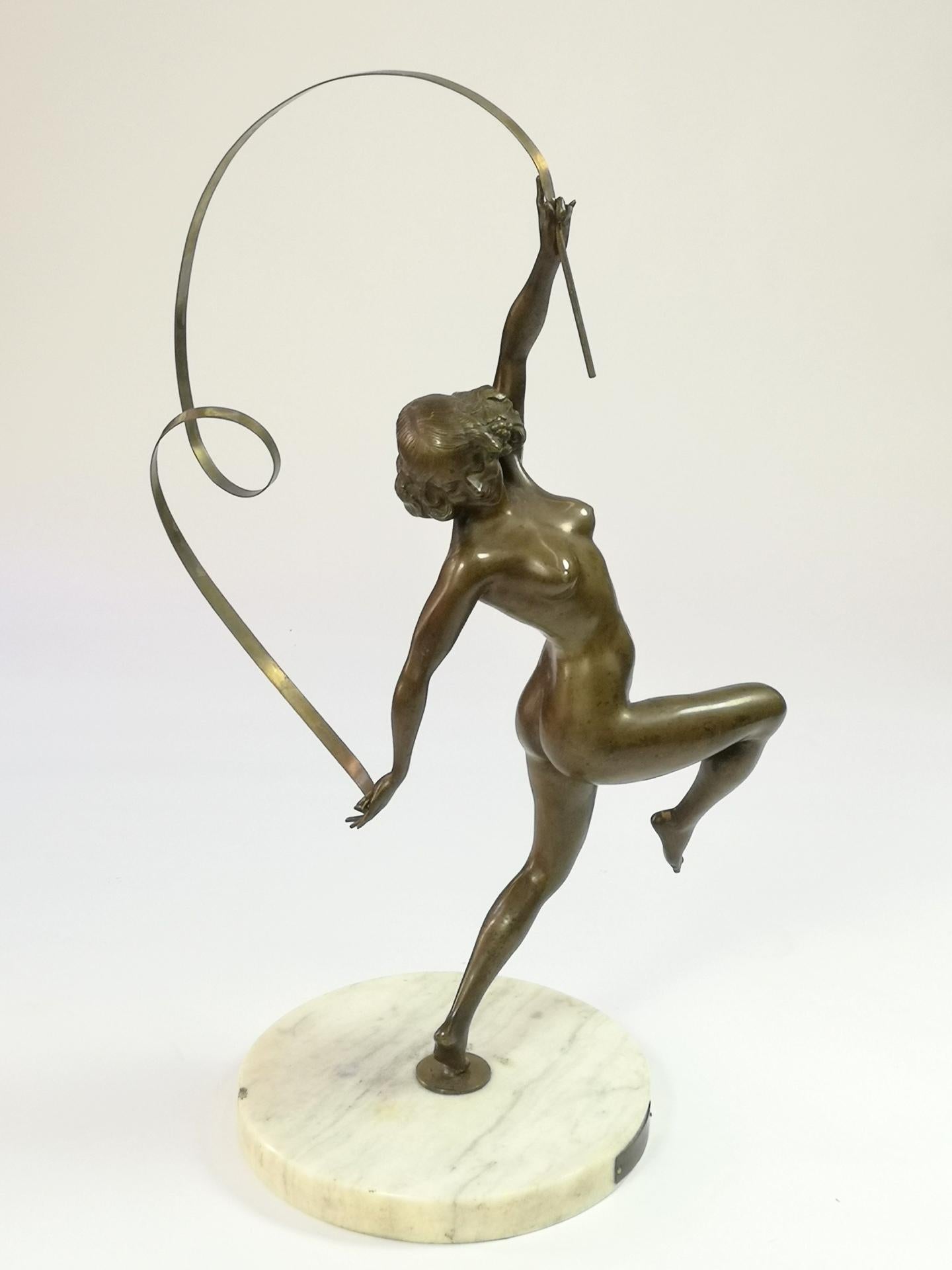 Large Nude Ribbon Gymnast Bronze Sculpture, from the  1920's, by Maugsch 5