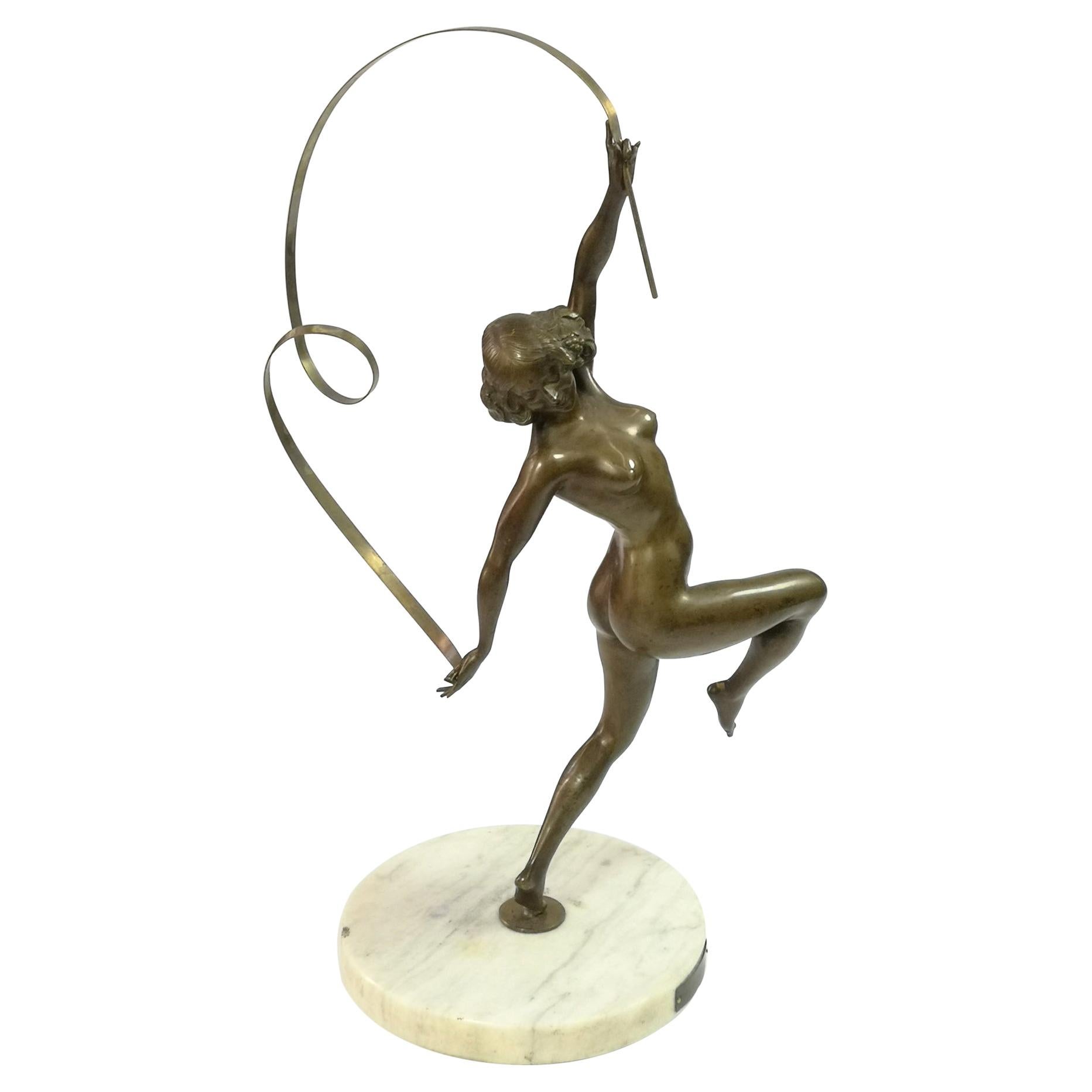 Large Nude Ribbon Gymnast Bronze Sculpture, from the  1920's, by Maugsch