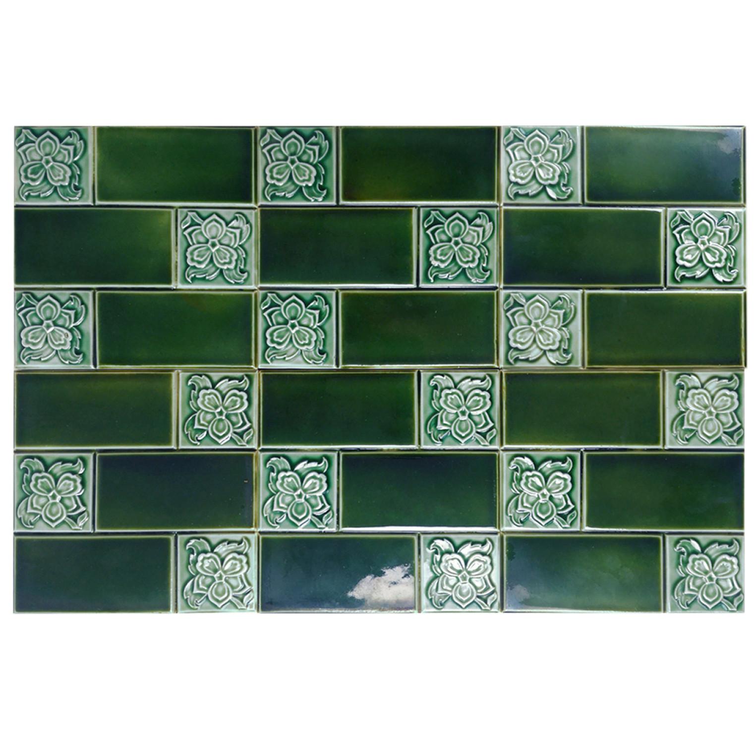 Amazing set of handmade tiles in rich green colors. Each tile is divided into six faces. Manufactured early 20th century, Belgium.
These tiles would be charming displayed on easels, framed or incorporated into a custom tile design.

Please note