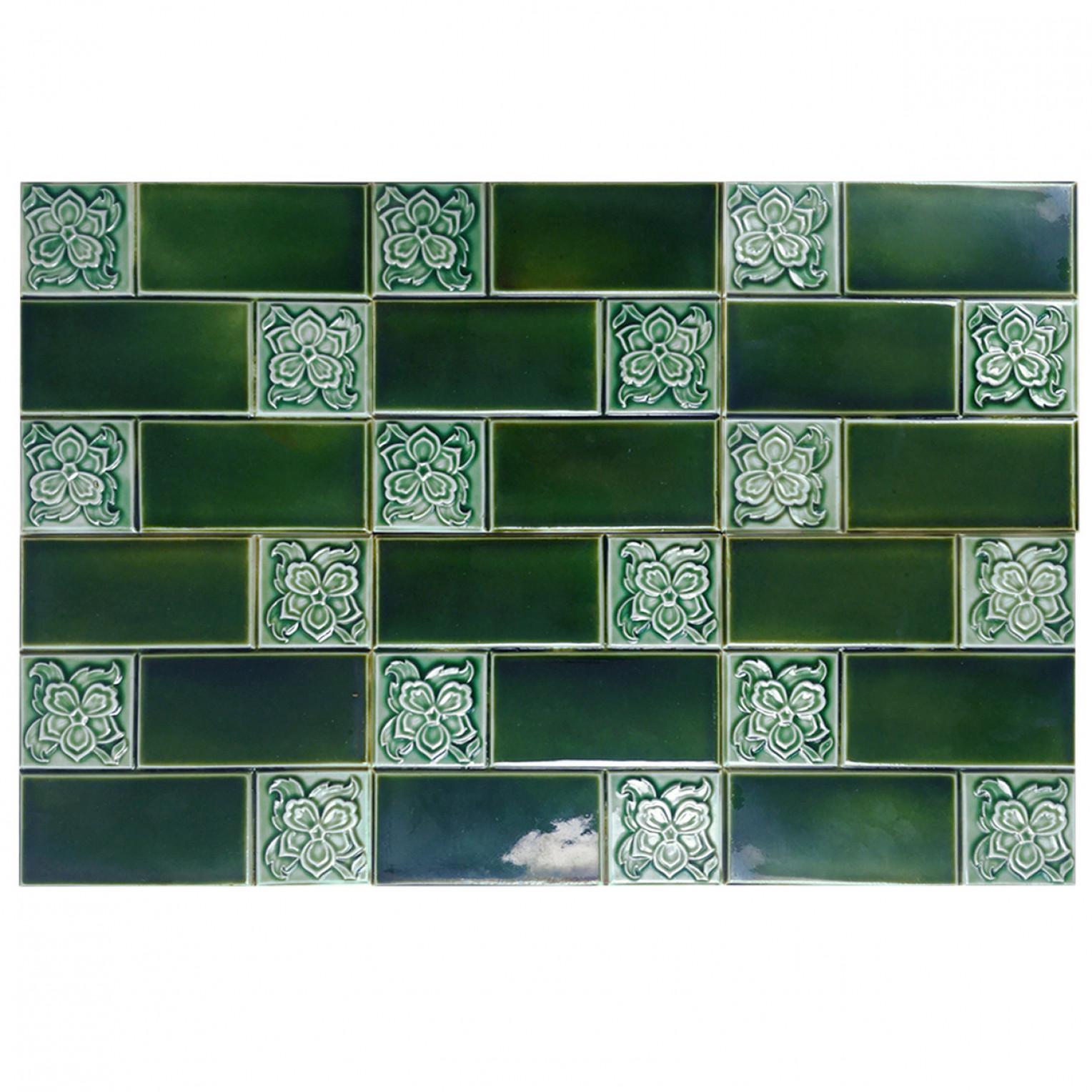 Amazing set of handmade tiles in rich green colors. Each tile is divided into six faces. Manufactured early 20th century, Belgium.
These tiles would be charming displayed on easels, framed or incorporated into a custom tile design.

Please note that